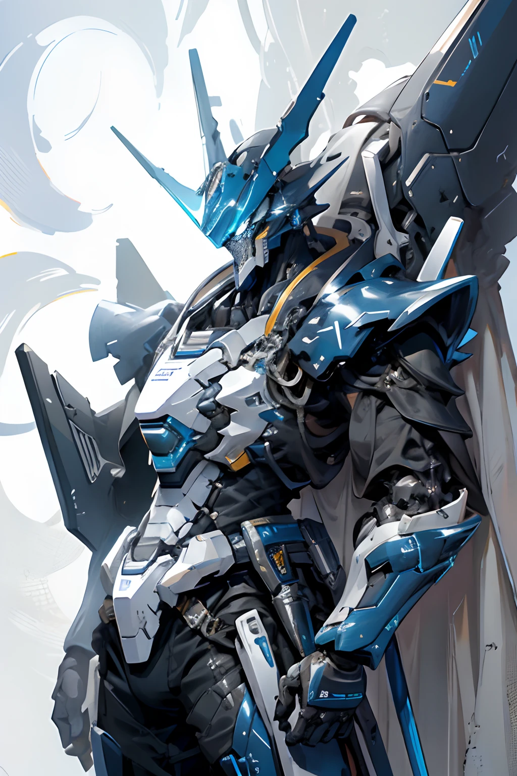 Giant exoskeleton robot, Strong posture, hight contrast, Black and white body, Starry sky color, Blue energy light, Kamen Rider, Carrying a large sword on his shoulder, 。Gundam Floating Cannon