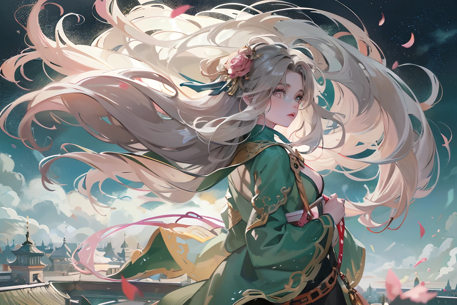 1girll,Long hair spread out,Autumn wind,Hair is floating in the wind,Ethereal beauty, Perched on the roof,Overlooking the city,Chinese ancient style,exteriors,the night,deep in the night,Blue starry sky,Starry sky in ancient China,The roof of the Forbidden City,starry sky bright,The landscape,scenecy,horizon,the roof, Perched on the roof, ventania, Hair flutters in the wind:1.5),view from long distance, Atmospheric lighting, Focus individually, closeup cleavage, seen from the side, depth of fields, Background bokeh,Best quality at best,tmasterpiece,16k,UHD resolution,Detailed depiction,anatomy correct, Delicate pattern,Pink rose space, Soft lighting, ( Bokeh),Epic composition, 16k,Epic romantic fantasy digital art,Epic fairy tale fantasy digital art,Mythological fantasy,UHD resolution,Detailed detail drawing,realisticlying,Very realistic,cinmatic lighting,an award winning photograph,hyper realistic lifelike texture,dramatic lighting