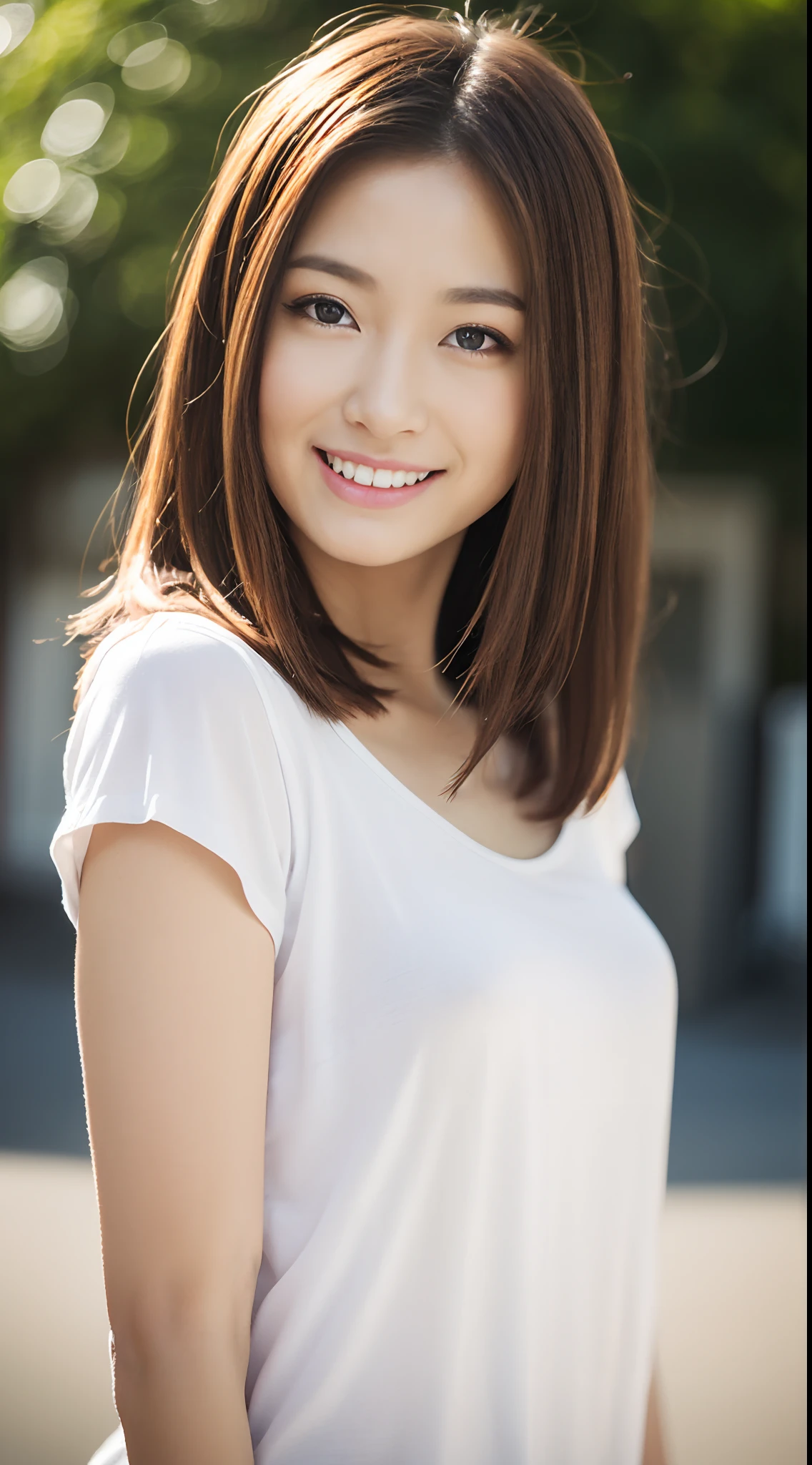 (masutepiece:1.3), (8K, Photorealistic, Raw photography, Best Quality: 1.4), japanse, Beautiful face, (Lifelike face), (Medium Hair:1.3), Realistic eyes, Beautiful eyes, (realskin), Beautiful skin, Ultra high definition, Hyper-realistic, hight resolution, Beautiful Japan Woman、white t-shirts、(facing front:1.5)、in-house、Slouched:2、(full body Esbian:1.5)、A smile、