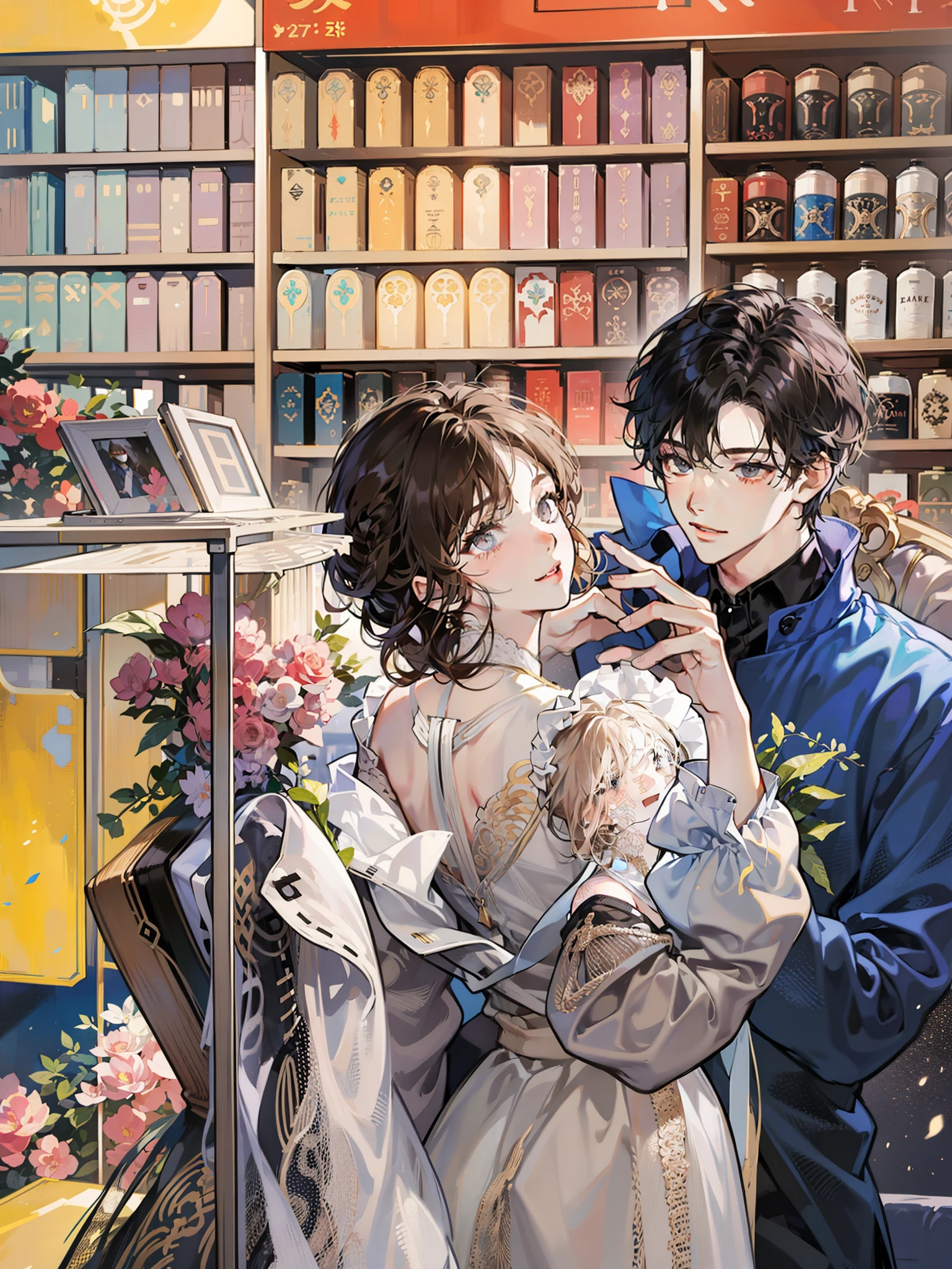 Urban romance novel cover, young male and female couples. The boy has short black hair and black eyes, fair and clean skin, delicate facial features, white shirt, black narrow tie. The girl has long brown hair and brown eyes, fair and clean skin, delicate facial features, and gorgeous dress. Background light, atmosphere, foam. Happiness and happiness. Otome game style