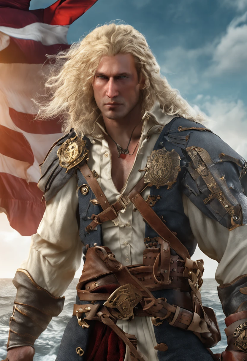 best qulaity, Meisterwerk, Ultra-detaillierte, extremely high-resolution CG unit wallpaper, beste Illustration, An extremely heroic, 36 Jahre alter Mann, Greatsword on the back, Haar kurz blond, Vollbart, blond, Pirate with strong plate armor, Hub above the right eye, steht in einer Hafenszcene vor einem Piratenschiff, does not wear a head covering, wird umgeben von gelben heiligen licht.