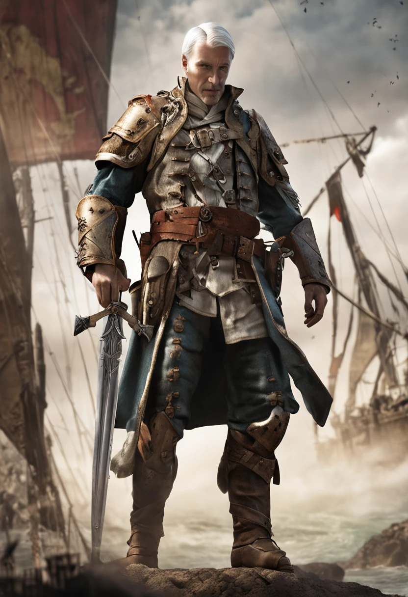 best qulaity, Meisterwerk, Ultra-detaillierte, extremely high-resolution CG unit wallpaper, beste Illustration, An extremely heroic, 36 Jahre alter Mann, Greatsword on the back, Haar kurz blond, Vollbart, blond, Pirate with strong plate armor, Hub above the right eye, steht in einer Hafenszcene vor einem Piratenschiff, does not wear a head covering, wird umgeben von gelben heiligen licht.