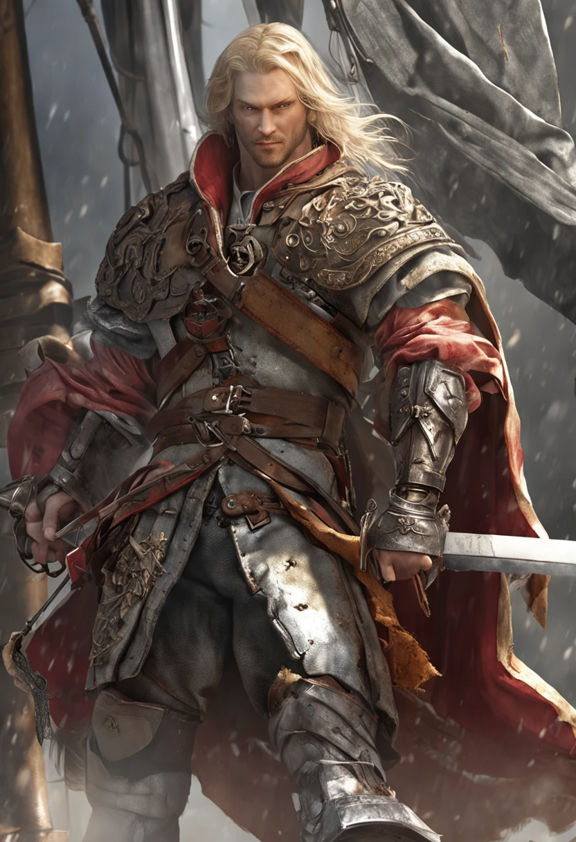 best qulaity, Meisterwerk, Ultra-detaillierte, extremely high-resolution CG unit wallpaper, beste Illustration, An extremely heroic, 36 Jahre alter Mann, Greatsword on the back, Haar kurz blond, Vollbart, blond, Pirate with strong plate armor, Hub above the right eye, steht in einer Hafenszcene vor einem Piratenschiff, does not wear a head covering, wird umgeben von gelben heiligen licht.