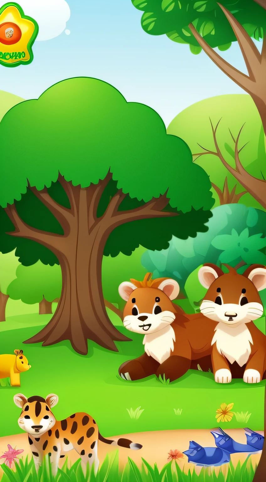 crie uma imagem com tema selva, para quarto infantil . He needs to have the animals and vegetation