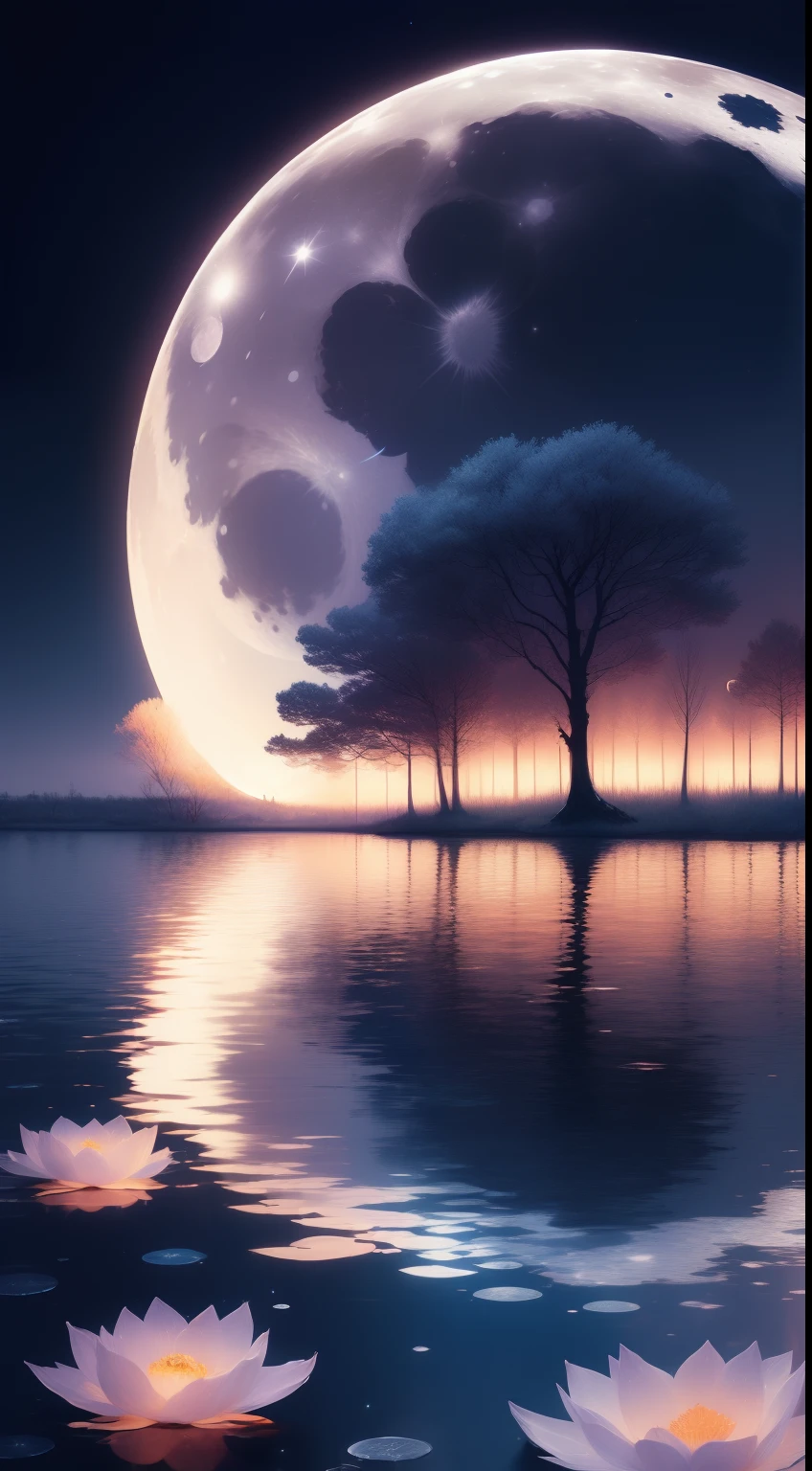 (((the night)))，(((the huge moon)))，Moonlight is reflected on the surface of the water，Carp leaps out of the water，Huge pond，Faraway view，Wide world，inverted image，Water streaks