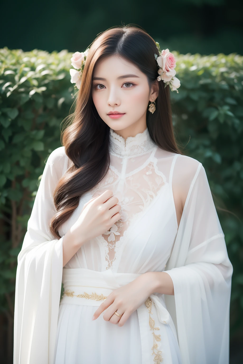 (Best quality,tmasterpiece,A high resolution,8k,realisticlying,full bodyesbian,Highlight temperament)
Long white hair is smooth and smooth,Draped over her shoulders,The ends of the hair are gently curled,Make the whole hairstyle look more attractive。The makeup looks simple and natural,Highlight her innocence and beauty。Skin is as fair as snow,It feels as delicate as mutton fat jade。The eyebrows are slender and light,Slightly upward,Show her confidence and pride。The eyes are a pair of azure gemstones,As clear as the morning sky。Long eyelashes sweep the slender snowflakes,Exudes an attractive soft sheen。The cheeks are slightly pink flushed,Exudes health and vitality。The lips are as red as roses,Slightly upturned。The costume is dressed in a snow-white robe,Delicate satin,The robe is embroidered with delicate gold and silver threads,Form beautiful patterns and patterns。The cuffs and placket are decorated with ornate silver,Shining with a faint light。A red ribbon is tied around the waist,Contour your waist even longer,At the same time, it also adds a touch of liveliness and vitality。At the hem,The edges of the skirt of the robe are decorated with delicate lace,Gently sway with the pace。The feet wear a pair of high-quality white embroidered shoes,Filigree embroidery on the shoes is inlaid with pearls and precious stones,It shines brightly。Costumed princess in a snowy landscape,long white hair、The delicate makeup and delicate clothes depict her endless charm