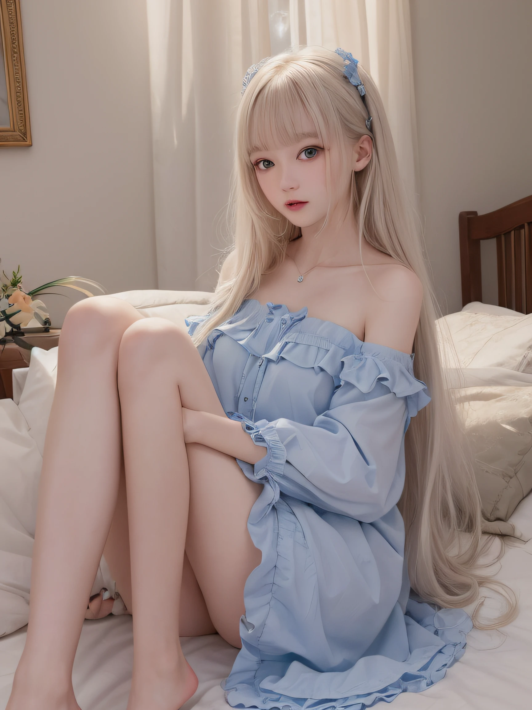 bright expression、photorealisim、top-quality、超A high resolution、a picture、Photo of an exquisitely beautiful Nordic-born girl、Extraordinary beautiful girl、Detailed cute and beautiful face、(pureerosface_v1:0.008)、Beautiful bangs、alice in the wonderland、sixteen years old、Glowing white shiny skin、facial hairs、Bangs that extend to the face、Bangs between the eyes、Super long hair、Attractive bright natural platinum blonde super long straight silky hair、finer hair、High-definition eyes、Beautiful, Bright and clear, Big light blue eyes shine charmingly、Have a condom、Sitting in bed、eye liner、Double eyelids、Bad bust、going to bed、laying on back、sprawl、lie on one's side、To your feet、Futomo
