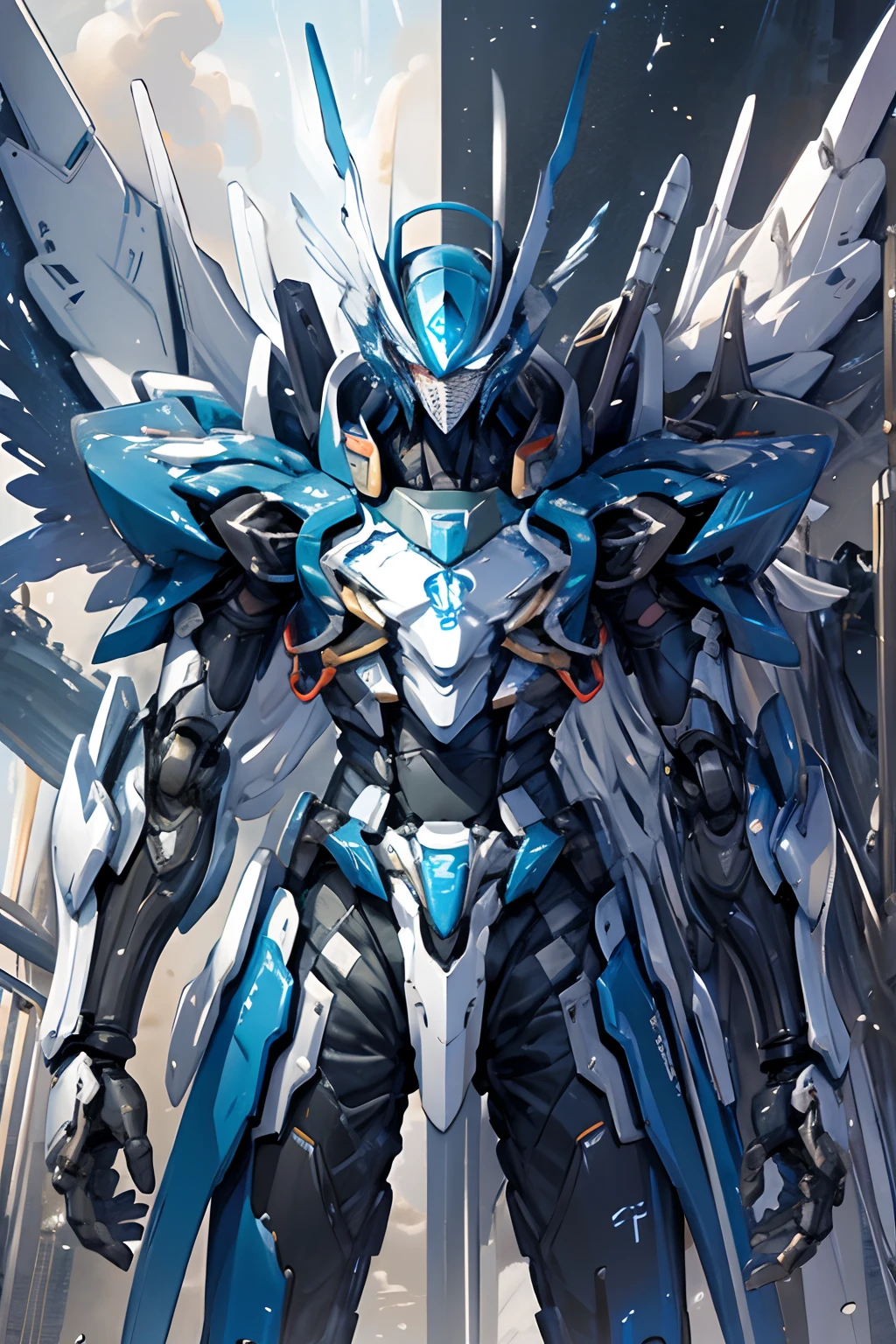 Giant exoskeleton robot,Strong posture,hight contrast,Black and white body,Starry sky color,Blue energy light,Kamen Rider,Carrying a large knife on his shoulder,Wings of Freedom Gundam,mechanical sense,Full-coverage armor。