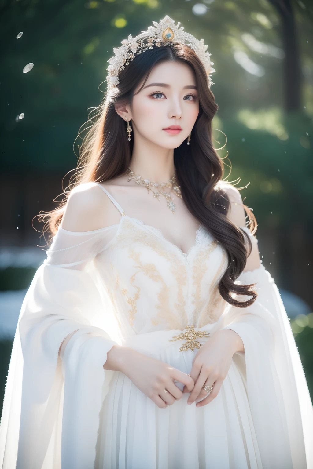 (Best quality,tmasterpiece,A high resolution,8k,realisticlying,full bodyesbian,Highlight temperament,Eyes with stories)
The princess's long white hair is smooth and smooth,Draped over her shoulders,It gives a feeling of purity and elegance。The ends of her hair are gently curled,Make the whole hairstyle look more glamorous。Her makeup is simple and natural,Highlight her innocence and beauty。Her skin was as fair as snow,It feels as delicate as mutton fat jade。Her eyebrows are slender and light,Slightly upward,Show her confidence and pride。Her eyes are a pair of azure gems,As clear as the morning sky。Long eyelashes sweep the slender snowflakes,Exudes an attractive soft sheen。Her cheeks were slightly pink flushed,Exudes health and vitality。Her lips are as red as roses,Slightly upturned,Exudes an alluringly soft sheen。The princess's costume is also very elegant。She wore a snow-white robe,The delicate satin wrapped her body just right。The robe is embroidered with delicate gold and silver threads,Form beautiful patterns and patterns,It shows the noble identity and taste of the princess。The cuffs and placket are decorated with ornate silver,Shining with a faint light。A red ribbon is tied around the waist,Outline her slender waist even more slenderly,At the same time, it also adds a touch of liveliness and vitality。At the hem,The edges of the skirt of the robe are decorated with delicate lace,Gently swaying with her steps。Her feet are wearing a pair of high-quality white embroidered shoes,Filigree embroidery on the shoes is inlaid with pearls and precious stones,It shines brightly。Costumed princess in a snowy landscape,long white hair、The delicate makeup and delicate clothes depict her endless charm,It's like stepping out of a fairy tale,It brings visual pleasure and beauty。