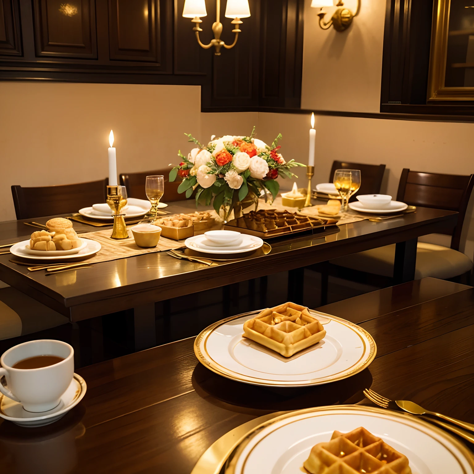 "A deliciously golden waffle sitting appetizingly on a perfectly set table, The table is decorated with elegant tableware and fresh flowers, creating a delightful atmosphere.+"