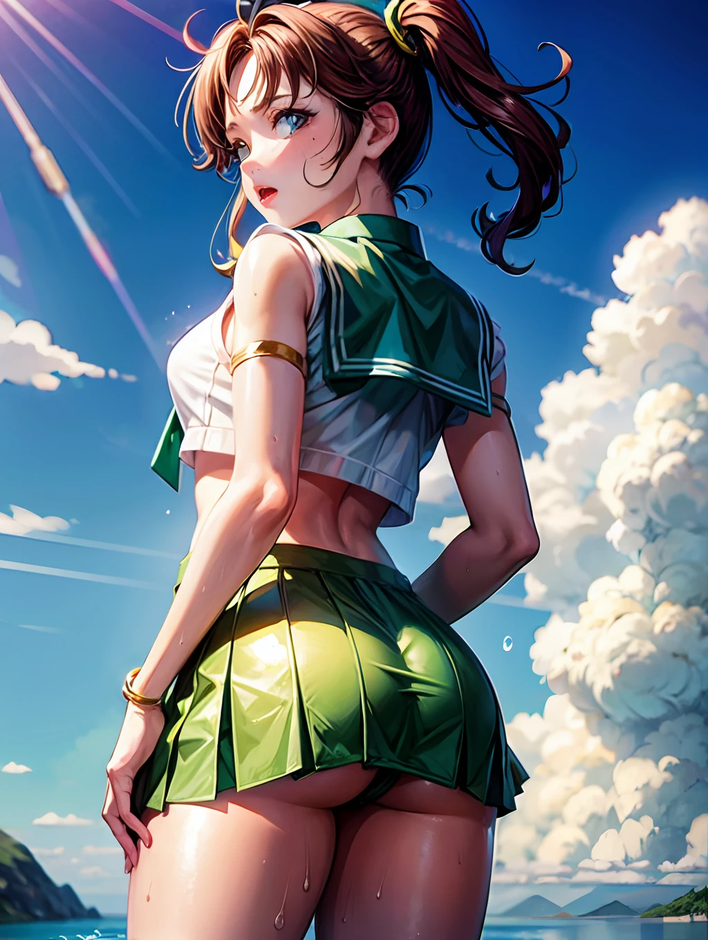 the sailor jupiter、Sailor Jupiter Costume、embarrassed from、nice butt、perfect buttocks、Turn around、Wearing sweat、full of sweat、 Thigh 1:5、cum in crotch、