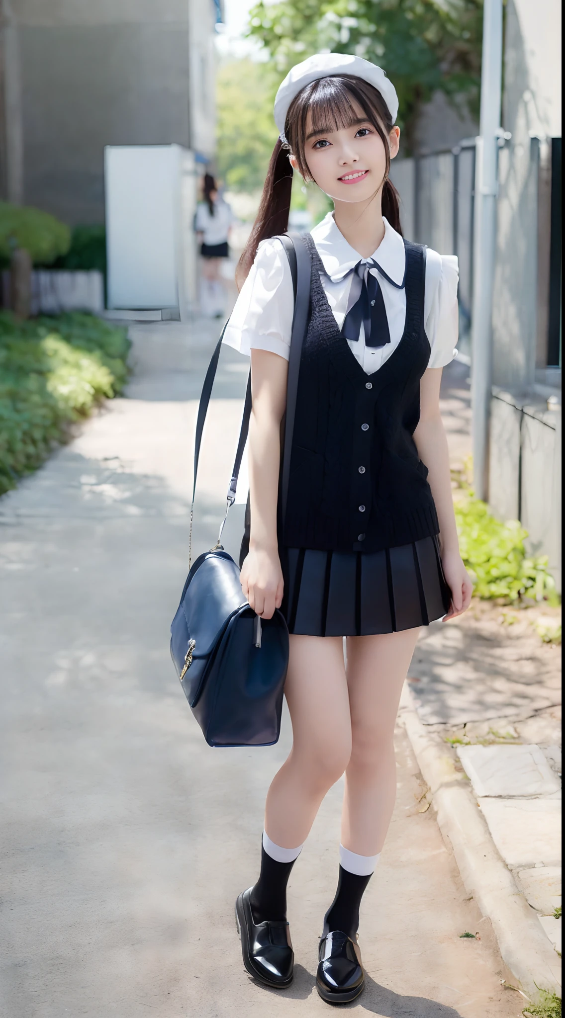 mix4, (8K, Raw photography, Top image quality, masterpiece: 1.45), (realisitic, Photorealsitic: 1.37), one girls, cute little, A city scape,, profetional lighting, photon maping, Radio City, physically-based renderingt, Gradient black hair,, a handsome, girl with, (((student clothes、Silk white blouse with short sleeves、Dark blue knitted vest、White Satin Mini Skirt、No red tie pattern、Black High Socks、Black Loafers Leather Shoes))), Top Quality Photos, hight resolution, 1080p, (clearface), (Detailed face description), (Detailed hand description), (masterpiece), (Exquisite CG)、extreme light and shadows、dishevled hair、master work、abundant detail、(Fine facial features)、(top quality photo)、(masuter piece)、(A detailed eye)、Look in front of you、Fine clavicle、((Slender big))、((White beret)))、((Cute idol system))、((School Grounds))、(Shooting from random perspectives)、(((Anyway cute)))、耳Nipple Ring、A big smile、Drawing the whole body from the knees、Do not draw nasolabial folds、(((Holding a leather student bag in your hand)))、Big breasts that stand out from the top of clothes、Two legs、(((Standing Pose:1.3)))、bare hand、Hands out of the sleeves of blouses、