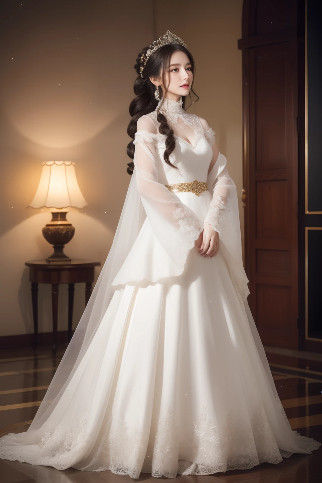 (Best quality,tmasterpiece,A high resolution,8k,realisticlying,full bodyesbian,Highlight temperament,Eyes with stories)
The princess's long white hair is smooth and smooth,Draped over her shoulders,It gives a feeling of purity and elegance。The ends of her hair are gently curled,Make the whole hairstyle look more glamorous。Her makeup is simple and natural,Highlight her innocence and beauty。Her skin was as fair as snow,It feels as delicate as mutton fat jade。Her eyebrows are slender and light,Slightly upward,Show her confidence and pride。Her eyes are a pair of azure gems,As clear as the morning sky。Long eyelashes sweep the slender snowflakes,Exudes an attractive soft sheen。Her cheeks were slightly pink flushed,Exudes health and vitality。Her lips are as red as roses,Slightly upturned,Exudes an alluringly soft sheen。The princess's costume is also very elegant。She wore a snow-white robe,The delicate satin wrapped her body just right。The robe is embroidered with delicate gold and silver threads,Form beautiful patterns and patterns,It shows the noble identity and taste of the princess。The cuffs and placket are decorated with ornate silver,Shining with a faint light。A red ribbon is tied around the waist,Outline her slender waist even more slenderly,At the same time, it also adds a touch of liveliness and vitality。At the hem,The edges of the skirt of the robe are decorated with delicate lace,Gently swaying with her steps。Her feet are wearing a pair of high-quality white embroidered shoes,Filigree embroidery on the shoes is inlaid with pearls and precious stones,It shines brightly。Costumed princess in a snowy landscape,long white hair、The delicate makeup and delicate clothes depict her endless charm,It's like stepping out of a fairy tale,It brings visual pleasure and beauty。