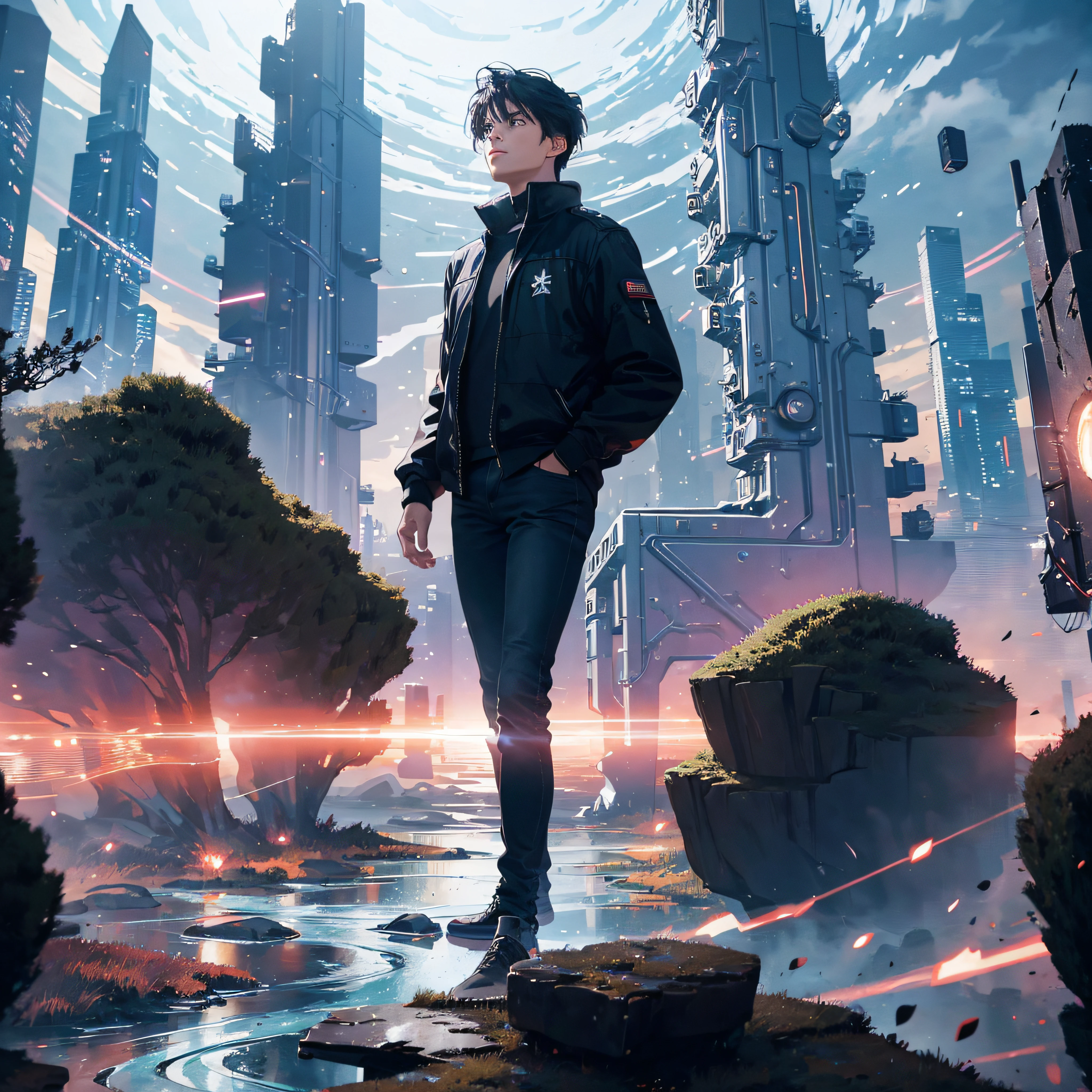 ((Best Quality, 8K, Masterpiece: 1.5)), landscape, morning shoot, stars trail, slow speed, standing young man with black hair, black jeans, look at the stars, amazing scenery, hundreds of stars forming a circle, light waves, cyborg city.