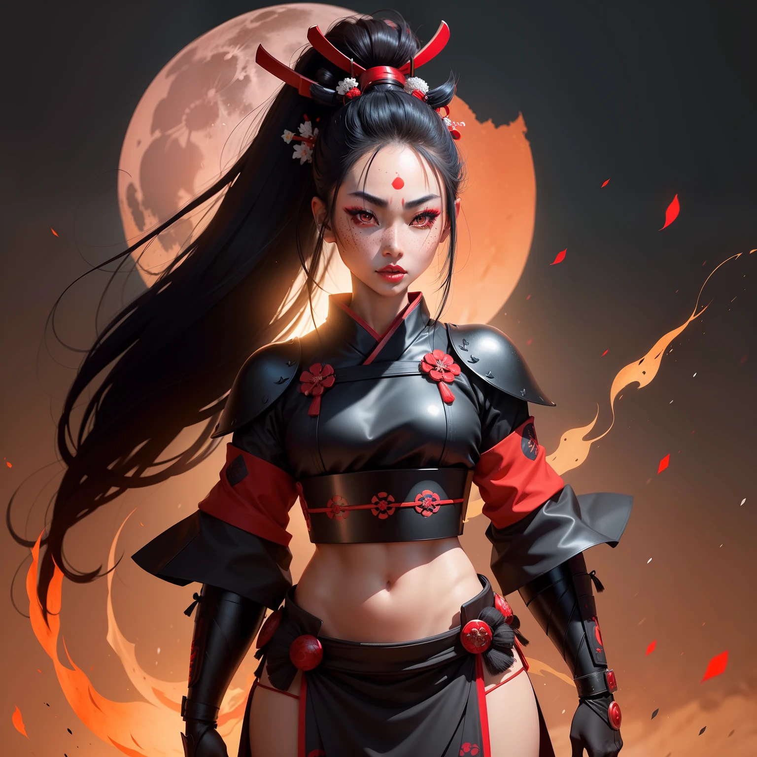 Female samurai warrior, jet black hair, dark skinned tanned, red black, bright moon, freckles on the face, red lipstick, full body, no extra hair, diamond shaped face, cover top, black eyeballs, geisha warrior, brown skinned, sexy hair style