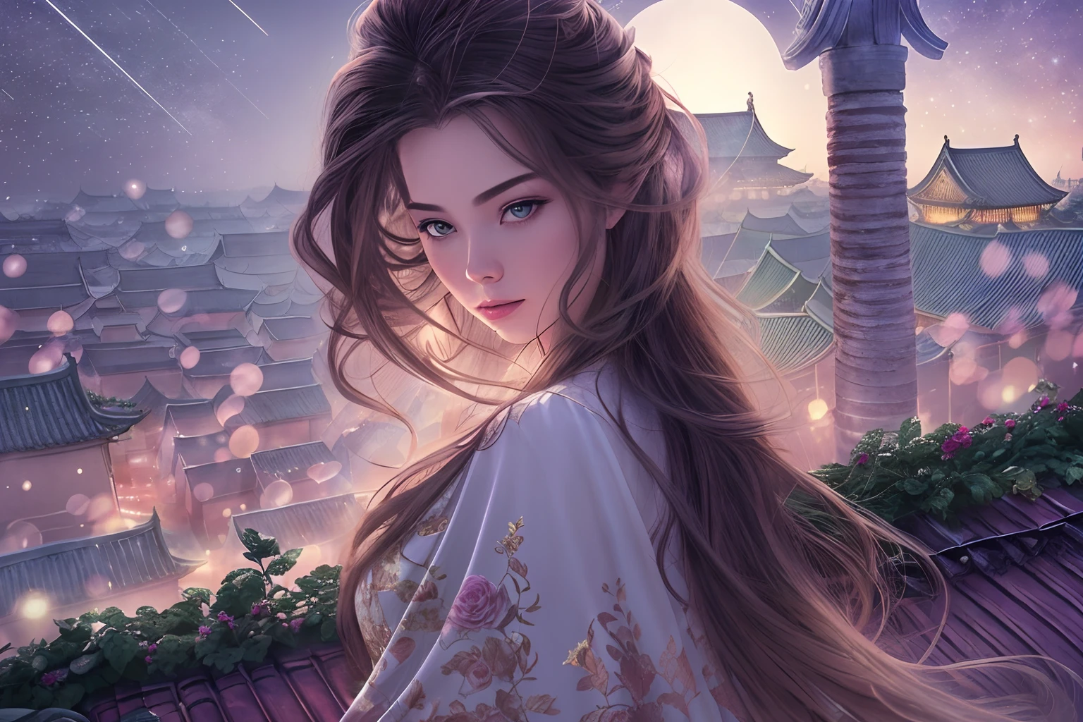 1girll，Long hair spread out，Autumn wind，Hair is floating in the wind，Ethereal beauty, Perched on the roof,Overlooking the city，Chinese ancient style，exteriors，the night，deep in the night，Blue starry sky，Starry sky in ancient China，The roof of the Forbidden City，starry sky bright，The landscape，scenecy，horizon，the roof, Perched on the roof, ventania, Hair flutters in the wind:1.5)，view from long distance, Atmospheric lighting, Focus individually, closeup cleavage, seen from the side, depth of fields, Background bokeh，Best quality at best，tmasterpiece，16k，UHD resolution，Detailed depiction，??????? correct, Delicate pattern，Pink rose space, Soft lighting, ( Bokeh)，Epic composition, 16k，Epic romantic fantasy digital art，Epic fairy tale fantasy digital art，Mythological fantasy，UHD resolution，Detailed detail drawing，realisticlying，Very realistic，cinmatic lighting,an award winning photograph,hyper realistic lifelike texture，dramatic  lighting