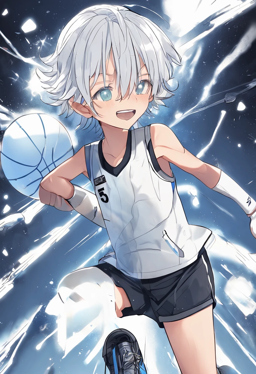 1boy, shota, white hair, blue eyes, short hair, tentacle, bulge, short pants, white pants, pants, wet clothes,football clothes, beach, blush, open mouth, spread legs, nipples