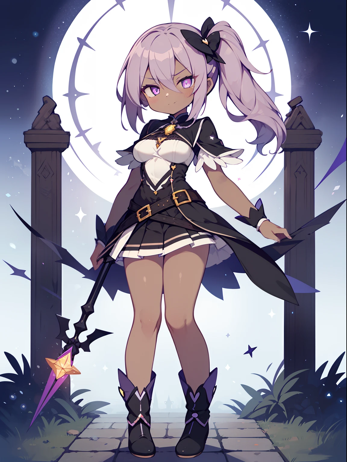 1girl in, Solo, masutepiece, nffsw、Shaders、Brilliant Textured Work、(magical little girl:1.3)、(dark skin:1.5)、(Evil Fall:1.4)、purple color  hair、Long side ponytail、(Black magical girl clothes:1.3)、(Thin miniskirt:1.3)、pillory、large full breasts、Looking here、sharp eye、ruby eyes、(empty eyes:1.3)、grinning evily、thin-waist、skinny legs、hiquality、full body、Saggy socks、Black boots、Standing Picture、