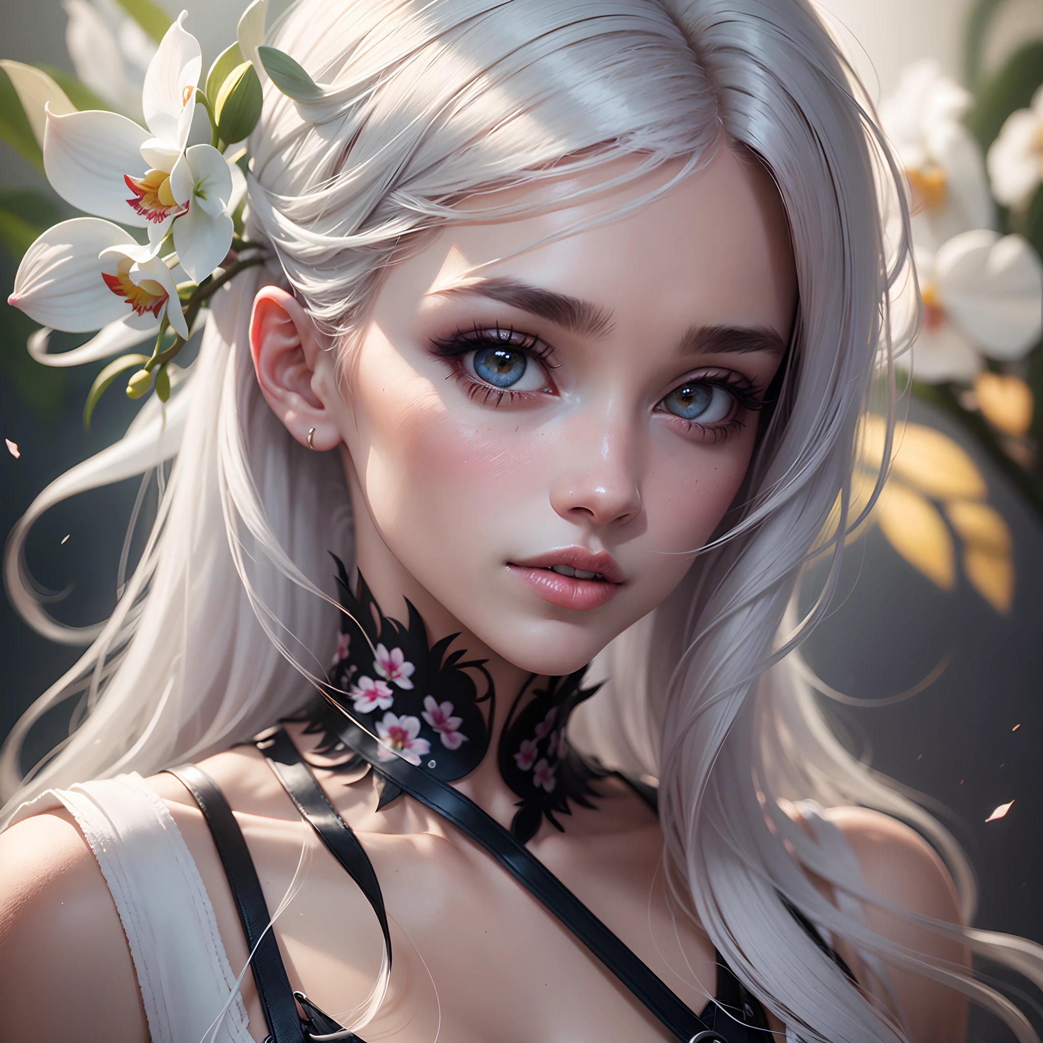 Spectacular realistic girl white orchids in hair, Complex hairstyle, white colored hair, The Magic Look, fashion editorial style, Professional photo, digital art, Depth of field, Octane rendering, Cinematic volumetric lighting, 4k --auto --s2