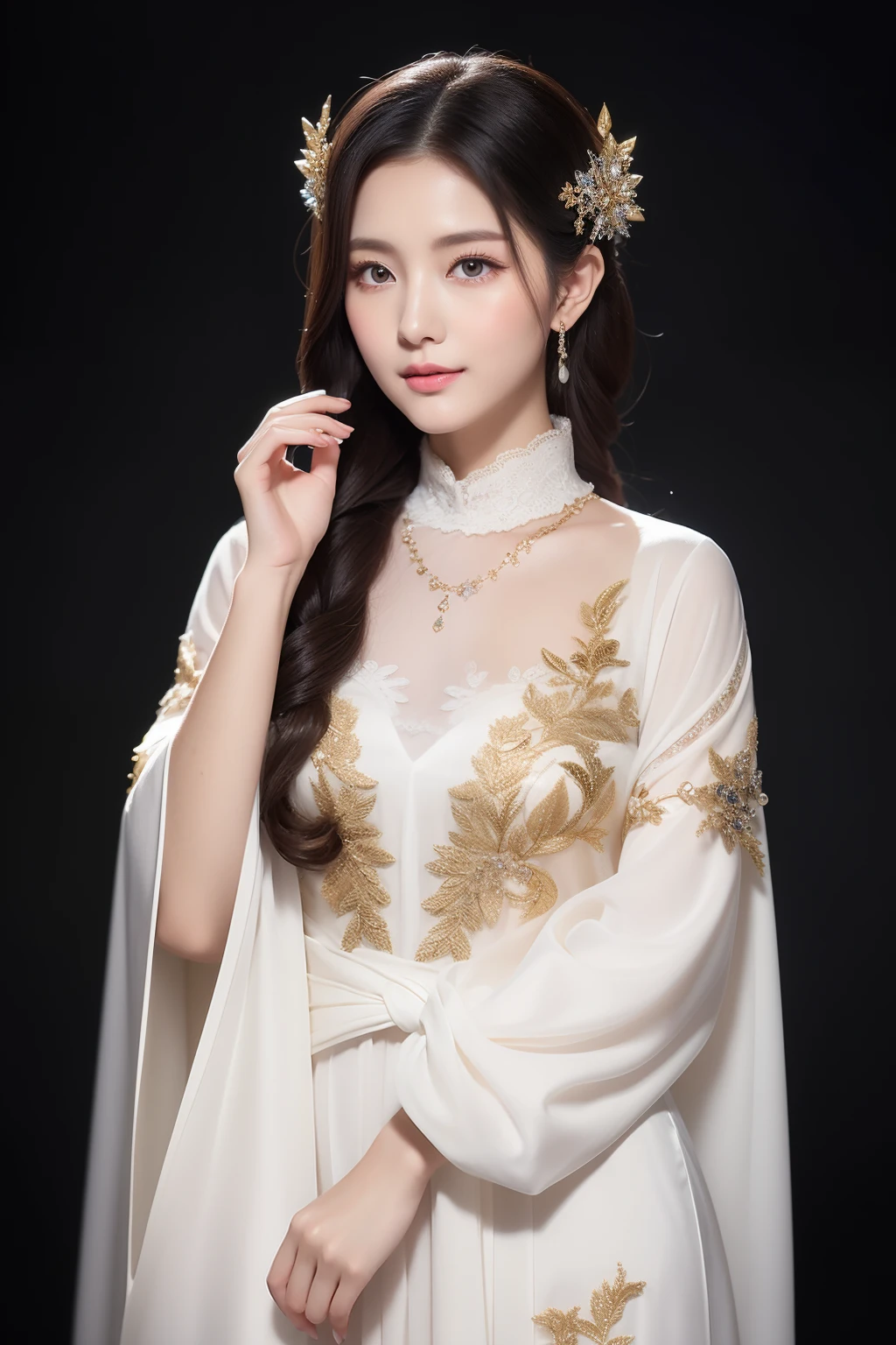 (Best quality,tmasterpiece,A high resolution,8k,realisticlying,full bodyesbian,Highlight temperament,Eyes with stories)
The princess's long white hair is smooth and smooth,Draped over her shoulders,It gives a feeling of purity and elegance。The ends of her hair are gently curled,Make the whole hairstyle look more glamorous。Her makeup is simple and natural,Highlight her innocence and beauty。Her skin was as fair as snow,It feels as delicate as mutton fat jade。Her eyebrows are slender and light,Slightly upward,Show her confidence and pride。Her eyes are a pair of azure gems,As clear as the morning sky。Long eyelashes sweep the slender snowflakes,Exudes an attractive soft sheen。Her cheeks were slightly pink flushed,Exudes health and vitality。Her lips are as red as roses,Slightly upturned,Exudes an alluringly soft sheen。The princess's costume is also very elegant。She wore a snow-white robe,The delicate satin wrapped her body just right。The robe is embroidered with delicate gold and silver threads,Form beautiful patterns and patterns,It shows the noble identity and taste of the princess。The cuffs and placket are decorated with ornate silver,Shining with a faint light。A red ribbon is tied around the waist,Outline her slender waist even more slenderly,At the same time, it also adds a touch of liveliness and vitality。At the hem,The edges of the skirt of the robe are decorated with delicate lace,Gently swaying with her steps。Her feet are wearing a pair of high-quality white embroidered shoes,Filigree embroidery on the shoes is inlaid with pearls and precious stones,It shines brightly。Costumed princess in a snowy landscape,long white hair、The delicate makeup and delicate clothes depict her endless charm,It's like stepping out of a fairy tale,It brings visual pleasure and beauty。