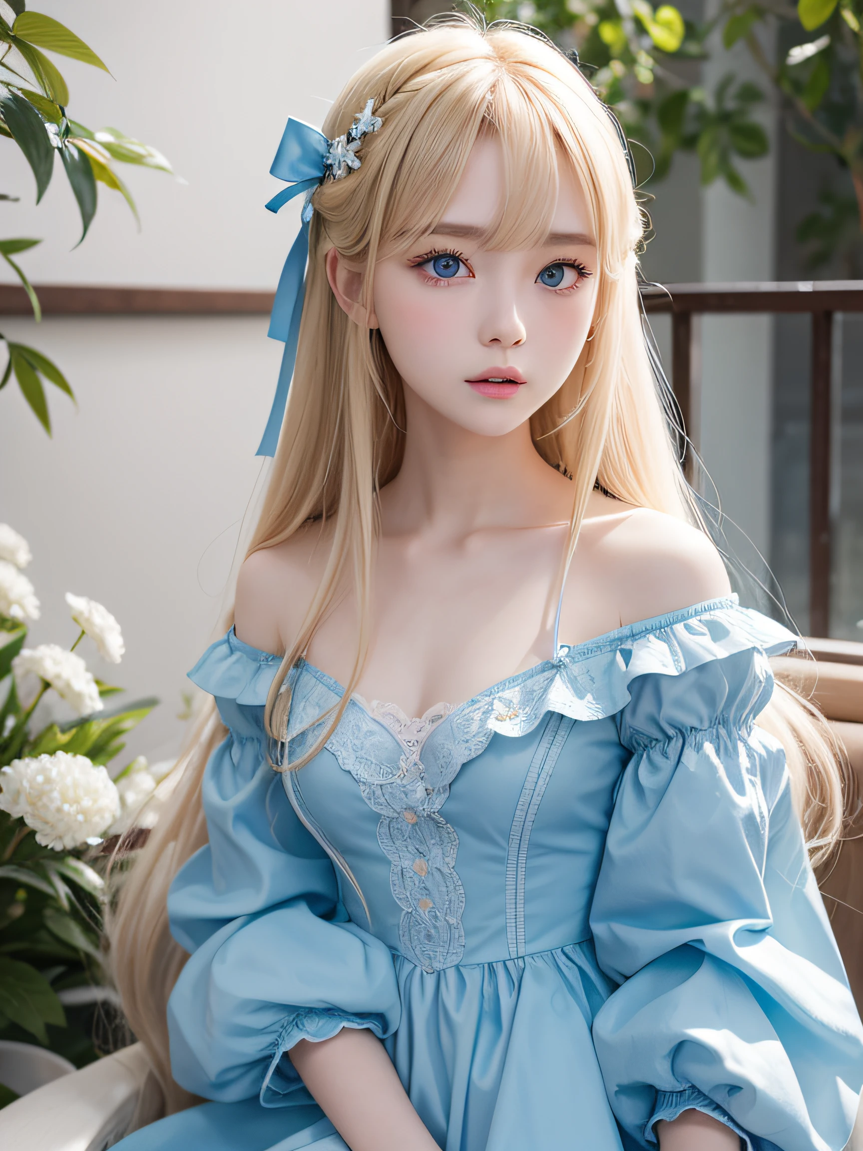 top-quality、超A high resolution、A picture、a photo of a cute girl,Rabbit ears、Detailed cute and beautiful face、(PureErosFace_V1:0.008)、beautiful bangs、alice in the wonderland、14years、White shiny skin、By bangs、Platinum blonde hair is extra-long, Straight hair is silky smooth、finer hair、Charming beautiful crystal clear blue eyes、White apron、a blue dress、nomake-up
