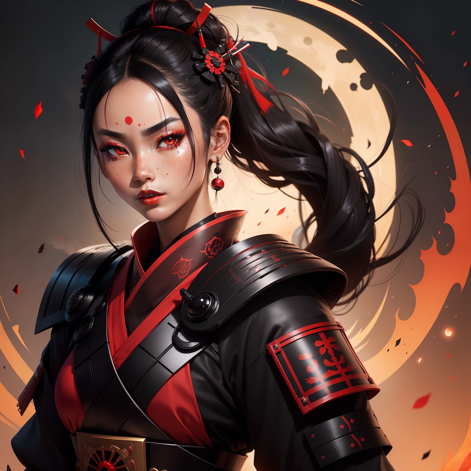 Female samurai warrior, jet black hair, dark skinned tanned, red black, bright moon, freckles on the face, red lipstick, full body, no extra hair, diamond shaped face, cover top, black eyeballs, geisha warrior