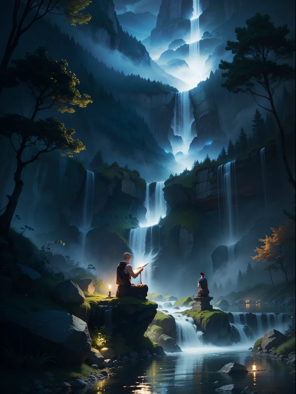 monk, meditation, in water fall, night forest, amazing sky