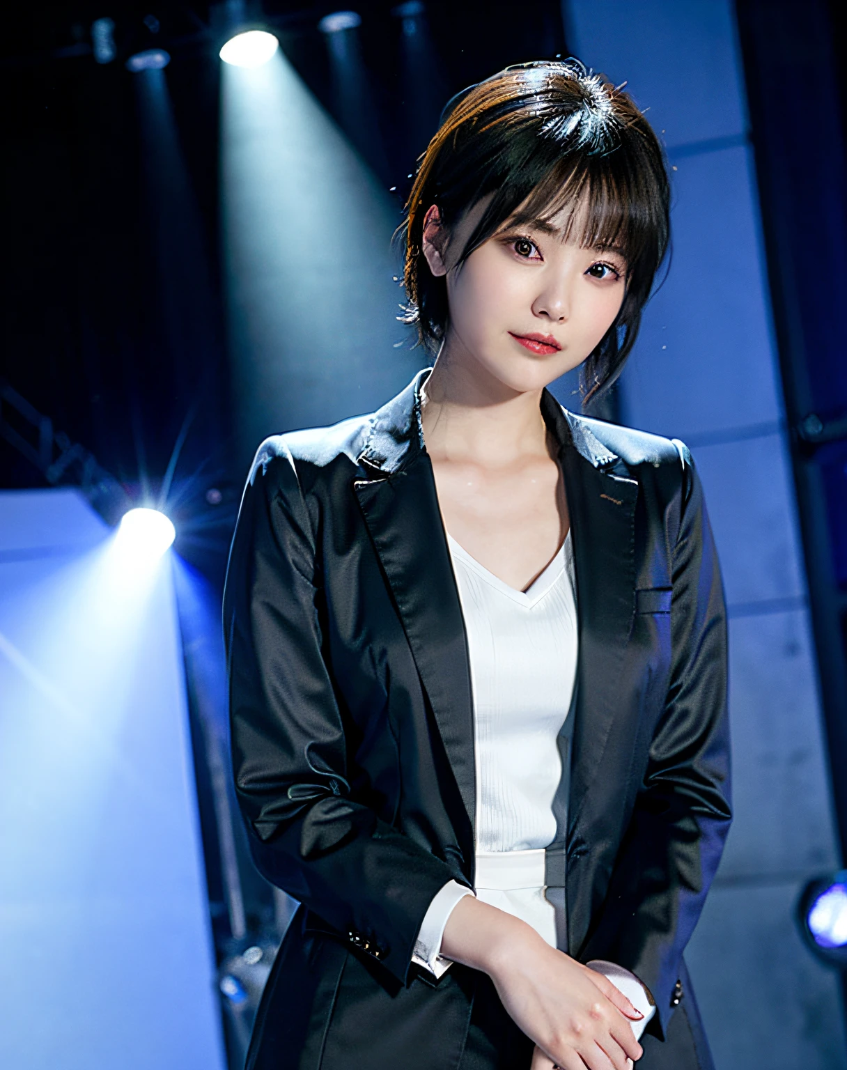 Woman in suit、Woman in the spotlight on stage、Background Black、Light from above、arms in arms、blue tie、Black suit、wholesome、a gorgeous(short-hair、Forehead 1:2)、tiny chest