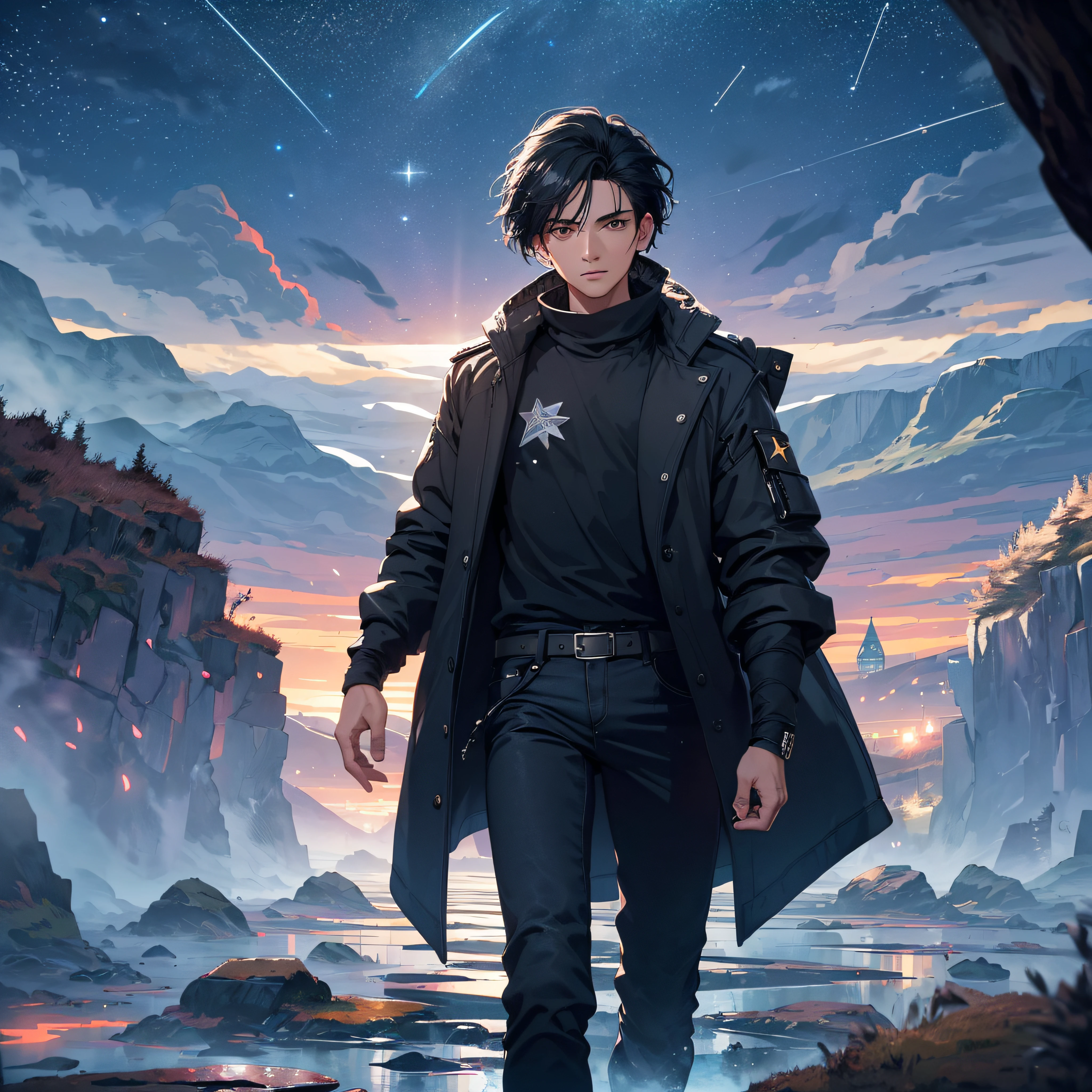 ((Best Quality, 8K, Masterpiece: 1.3)), landscape, morning shoot, star trail, slow speed, standing young man with black hair, black jeans, look at the stars, amazing scenery, hundreds of stars forming a circle, light waves, center of city, futures, bring long sword.