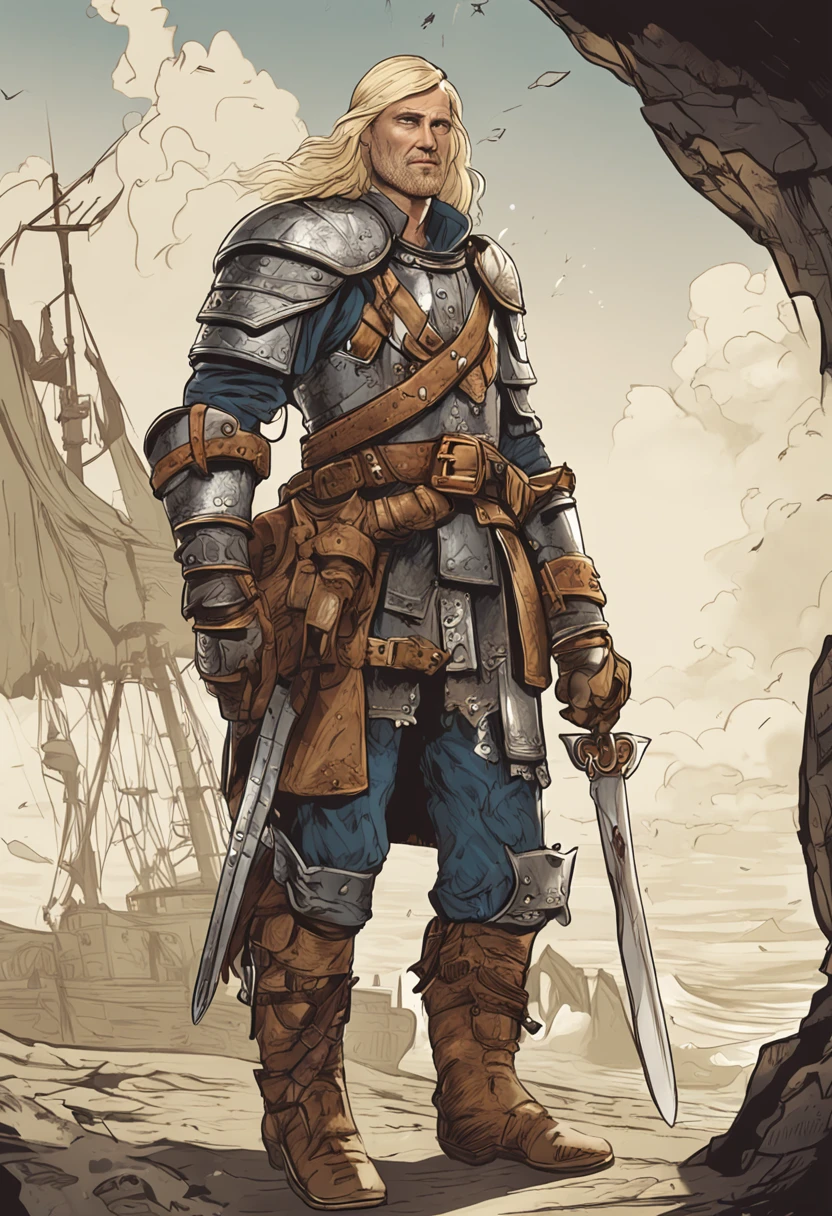 best qulaity, Meisterwerk, Ultra-detaillierte, Extremely high-resolution, beste Illustration, An extremely heroic, 36 Jahre alter Mann, Greatsword on the back, Haar kurz blond, Vollbart, blond, Pirate with plate armor, Hub above the right eye, steht in einer Hafenszcene vor einem Piratenschiff, does not wear a head covering, Dungeons and Dragons style, - lange Haare