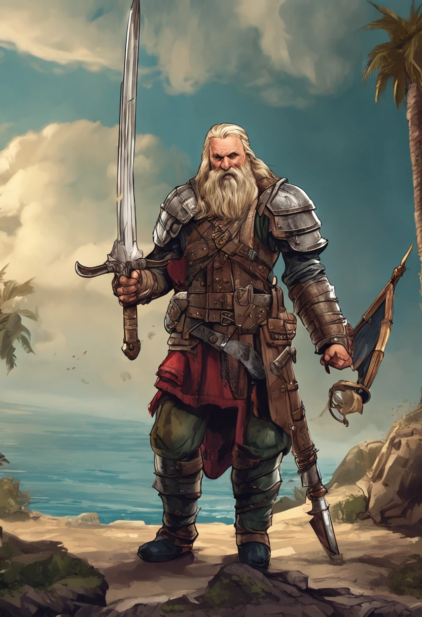best qulaity, Meisterwerk, Ultra-detaillierte, Extremely high-resolution, beste Illustration, An extremely heroic, 36 Jahre alter Mann, Greatsword on the back, Haar kurz blond, Vollbart, blond, Pirate with plate armor, Hub above the right eye, steht in einer Hafenszcene vor einem Piratenschiff, does not wear a head covering, Dungeons and Dragons style, - lange Haare