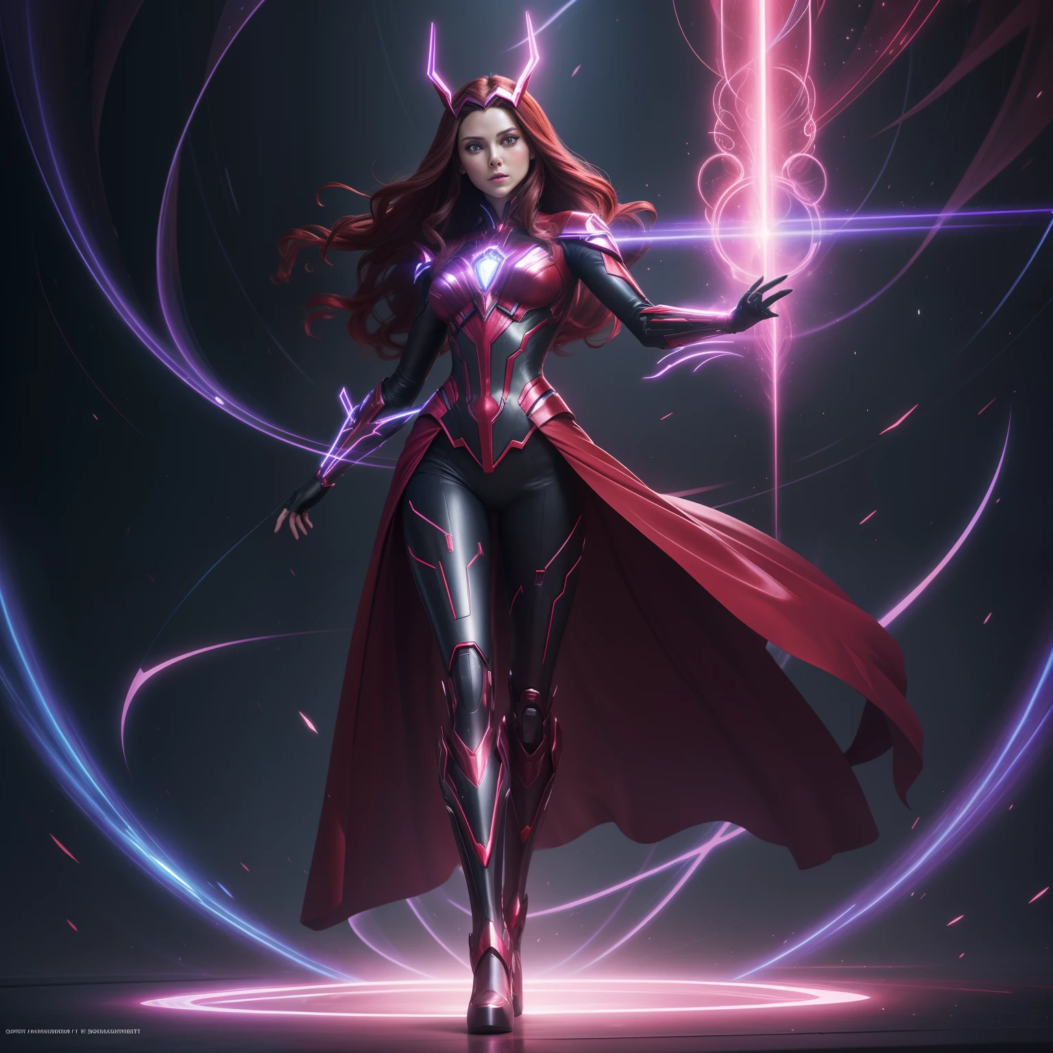 "An artistic depiction of Scarlet Witch transformed into a mystical and technologically advanced robot. The art style combines Scarlet Witch's reality-warping abilities and sorcerous presence with the advanced design of a robot. The robot stands against a backdrop of swirling magical energies and futuristic technology, exuding an aura of both enchantment and innovation. The transformation design seamlessly integrates Scarlet Witch's red costume, along with her iconic headpiece and mystic powers, into the robotic form. This image draws inspiration from both Marvel Comics and sci-fi aesthetics, creating a captivating blend of magic and mechanical brilliance. The camera angle captures the robotic character in a spellbinding and otherworldly pose. The render style combines metallic textures, magical colors, and dynamic lighting to emphasize the fusion of mysticism and advanced machinery."