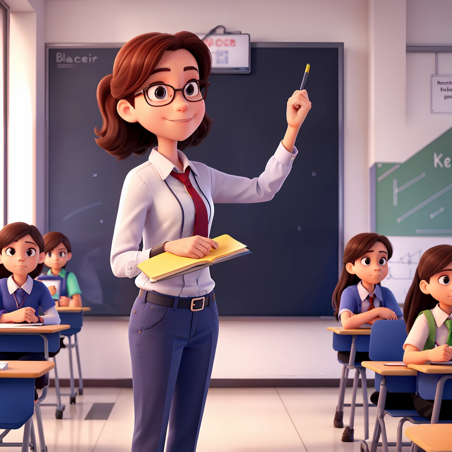 In the classroom,The teacher is in class,Stand in front of the blackboard,Stand in front of the classroom,Students face the teacher,Look at the teacher