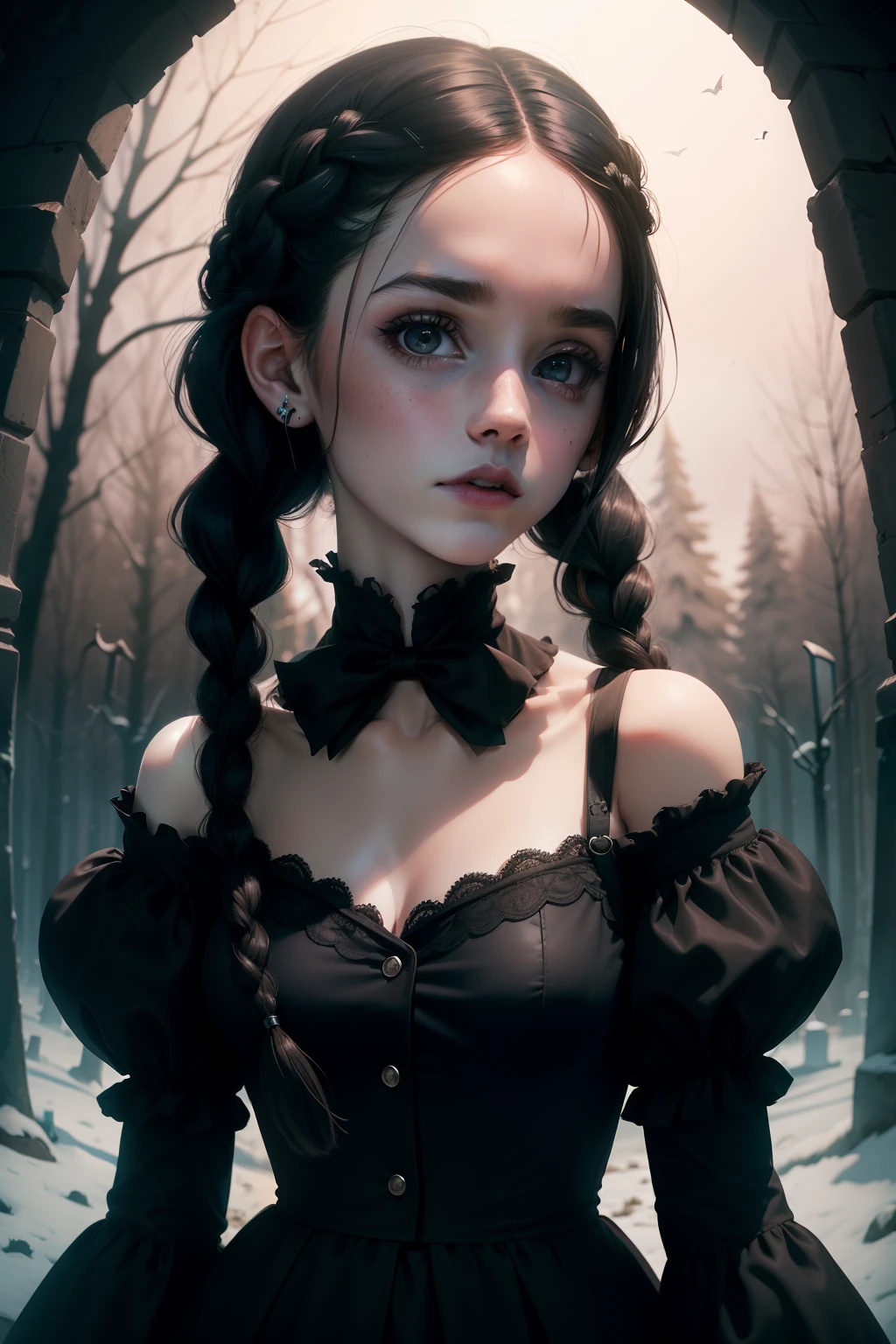 Best quality, 8K, watercolor, fisheye lens, teen Emma Watson, girl like a French doll, black hair, twin braids, slender, small breasts, pale skin, white face, lifeless face, black lipstick, black sheath dress, midnight background, nightmare before christmas cemetery, full moon lighting,