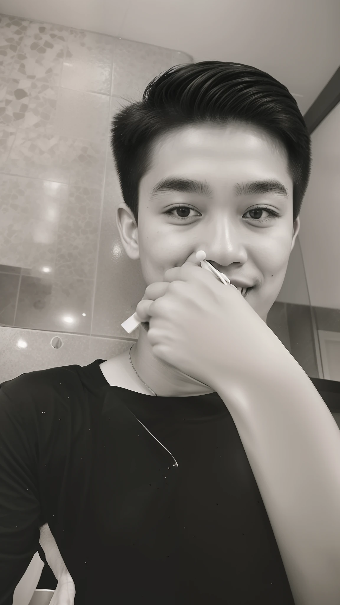 there is a young man that is brushing his teeth in the bathroom, thawan duchanee, grainy low quality photograph, grainy monochrome photo, grainy low quality, desaturated!!, grainy picture, low quality grainy, with instagram filters, low quality photograph, old picture, taken in the early 2020s, damien tran