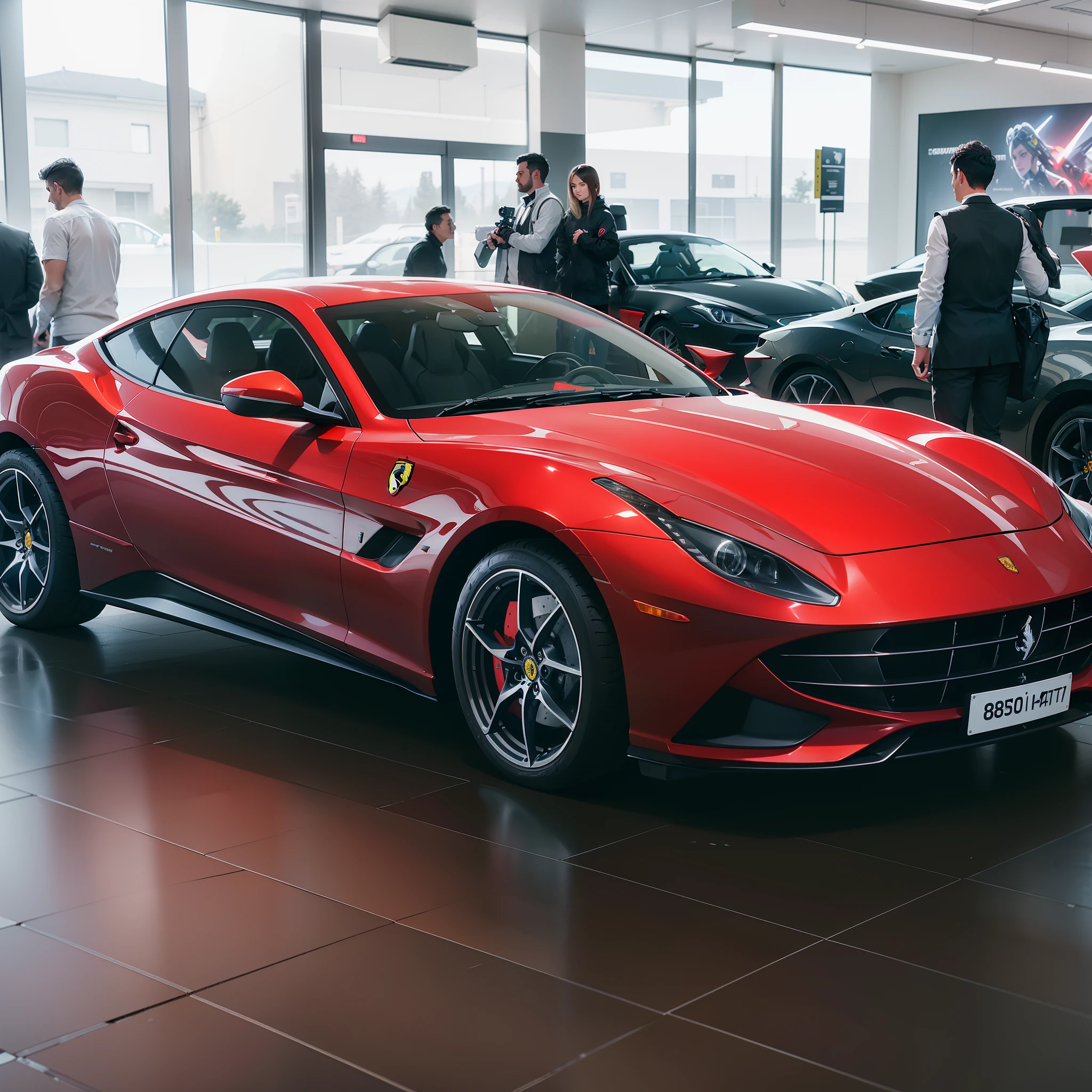A Long Shot , long-range shooting. Photo of a Ferrari gtc4lusso at a dealership in Switzerland, algumas pessoas, foto casual, 夏天. Octane render, concept render, unreal engine 5, ray tracing, dynamic illumination.