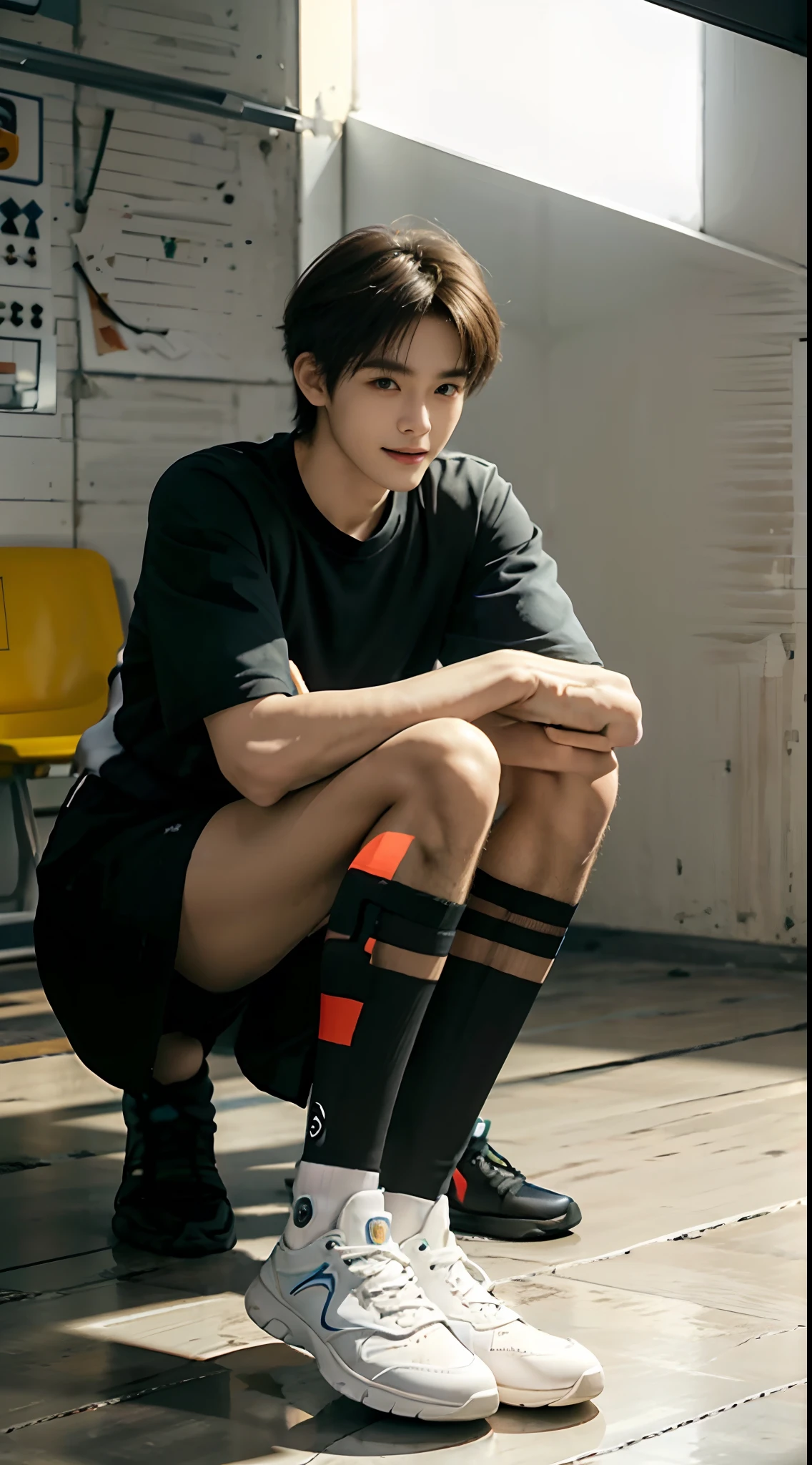 (15-year-old junior high school boy:2),Positive perspective,(malefocus),(Expose the whole body:2),Height 300 cm,Super long legs, Straight legs,Expose shoes,Tall guy,Tall,broad shoulder,Shota,Round face and pointed chin,(The face of the animated male protagonist),Extremely handsome,Happy smile,tilts your head,Men's basketball uniform,Men's boxer panties,Short messy hair,Eyes widen,orthofacial,athletic sneakers。and the sun was shining brightly,in a subway,Sit on your knees,ultra-realistic realism, (Photorealistic detail), Incredible accuracy, lifelike textures, masterful technique, Jaw-dropping precision, artistic dedication,(anatomy correct),Good lighting,exquisite detailing,Best quality,stunning masterpiece,CG,(Colored screen)