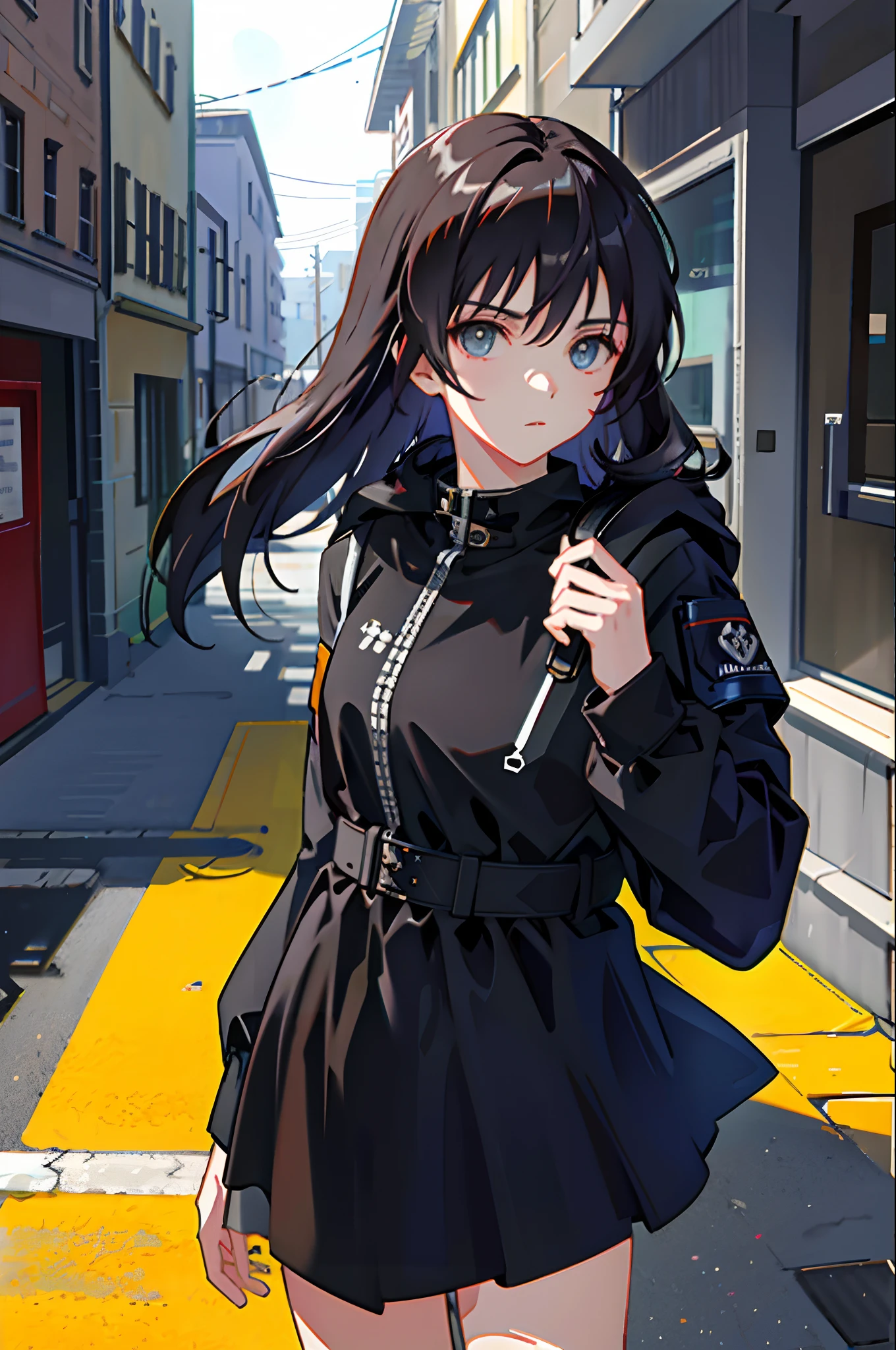 1girll，jaket，Sateen，exteriors，hoody，Open jacket，chain，backpacks，Look at the other person，messy  hair，Trends on ArtStation，8K分辨率，The is very detailed，anatomically correcte，Sharp images，digitial painting，concept-art，Trends on pixiv，Estilo de Makoto Shinkai，Complex street scene，Lovely face