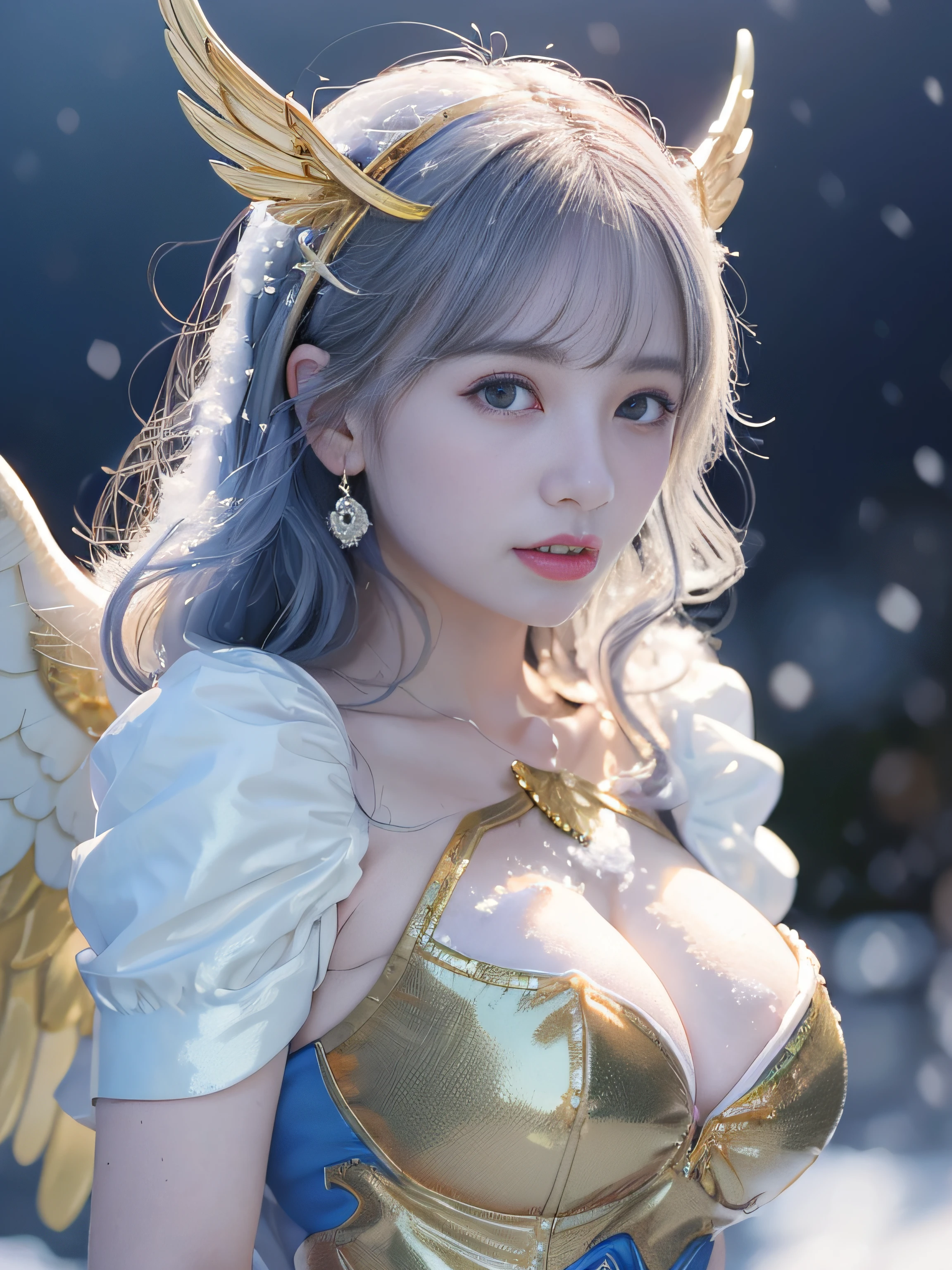 top-quality、​masterpiece、超A high resolution、(Photorealsitic:1.4)、Raw photo、Detailed CG image quality、cyberpunked、Beautiful fece、1girl in、(Silvery hair), (Gold hair ornament:1.4)、(Snow white angel costume:1.4)、cleavage of the breast、(Pure White Syntex Suit)、(sky-blue eyes:1.2), (radiant eyes), (Violent thunder emanating from the fingers:1.4). detailed portrait、8K picture quality、bright colour、concept-art、Cinematic and dramatic atmosphere、foco nítido、Volumetric lighting、Cinematographic lighting、Wearing studio quality、(Colorful neon lighting)、depth of fields、Ambient lighting、Blurred foreground、blurry backround:1.3、(Blue sky:1.4), (white clouds:1.4),