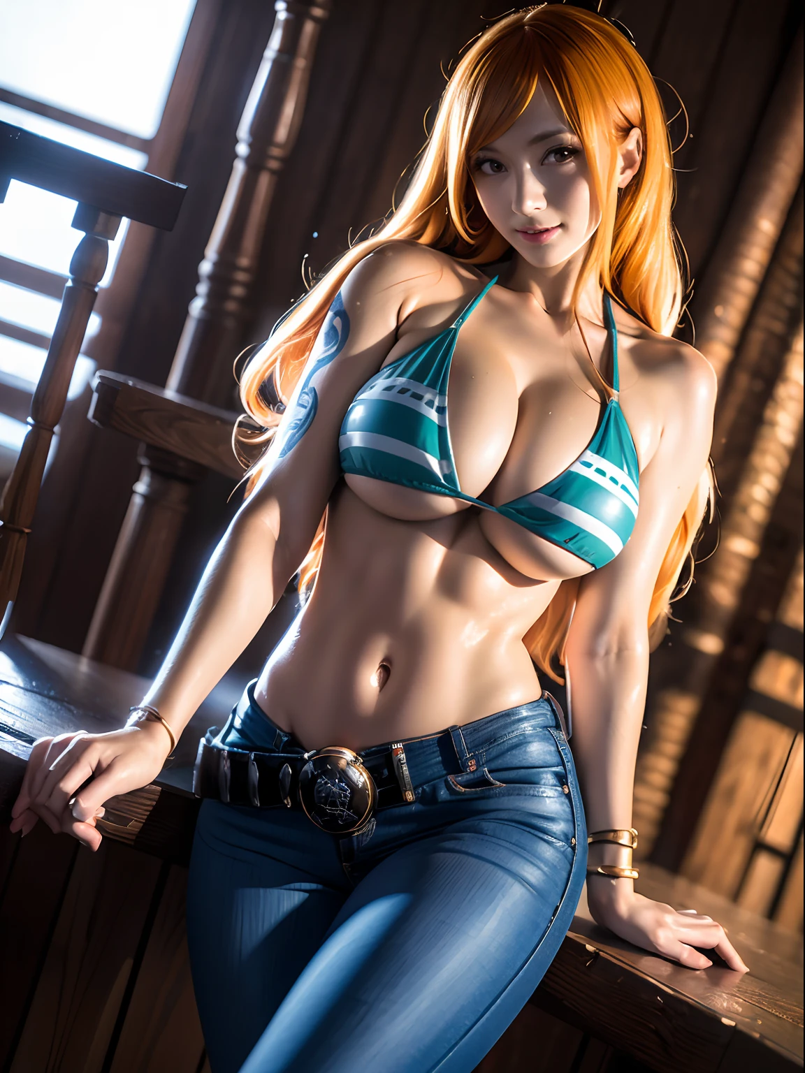 (masutepiece, Best Quality:1.4), (Pirate Ship), (erotic posing:1), 1girl in, Solo, (European youth:1), Nami de One Piece, Tattoo on the right shoulder, hyper realisitic, High detailed skin, Digital SLR, Soft lighting, High quality, Highly detailed face, Highly detailed eyes, highly detailedskin, Skin pores, Subsurface scattering, Full face blush, Highly detailed face, Highly detailed eyes, beautiful countenance, Full lips, Detailed background, depth of fields, ultra gigantic tits、Volumetric lighting, Sharp Focus, absurderes, Realistic proportions, Good anatomy, (Realistic, hyper realisitic:1.4), 16K HDR, Daylight