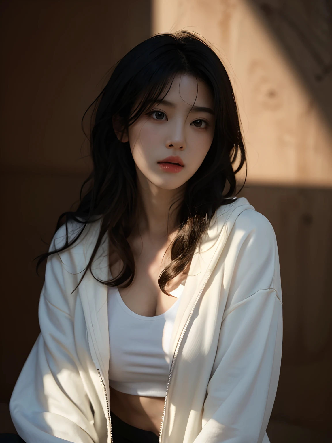 Best quality, masterpiece, ultra high res, (photorealistic:1.5), raw photo, 1girl, white hoddie, use white hoodie, semi looks tifa final fantasy, abs, big boobs, use earphone on her ear, wear black skirt, in the dark, deep shadow, low key, cold light, sexy look, look 21 years old, look adult, brown eye, big boobs, Half body portrait, Full body, body visible to the thighs, brown background, long hair, Long black hair, Slightly messy long hair , Curly eyelashes, japanese-american face, Shoulder length hair, tin lips, sexy lips.