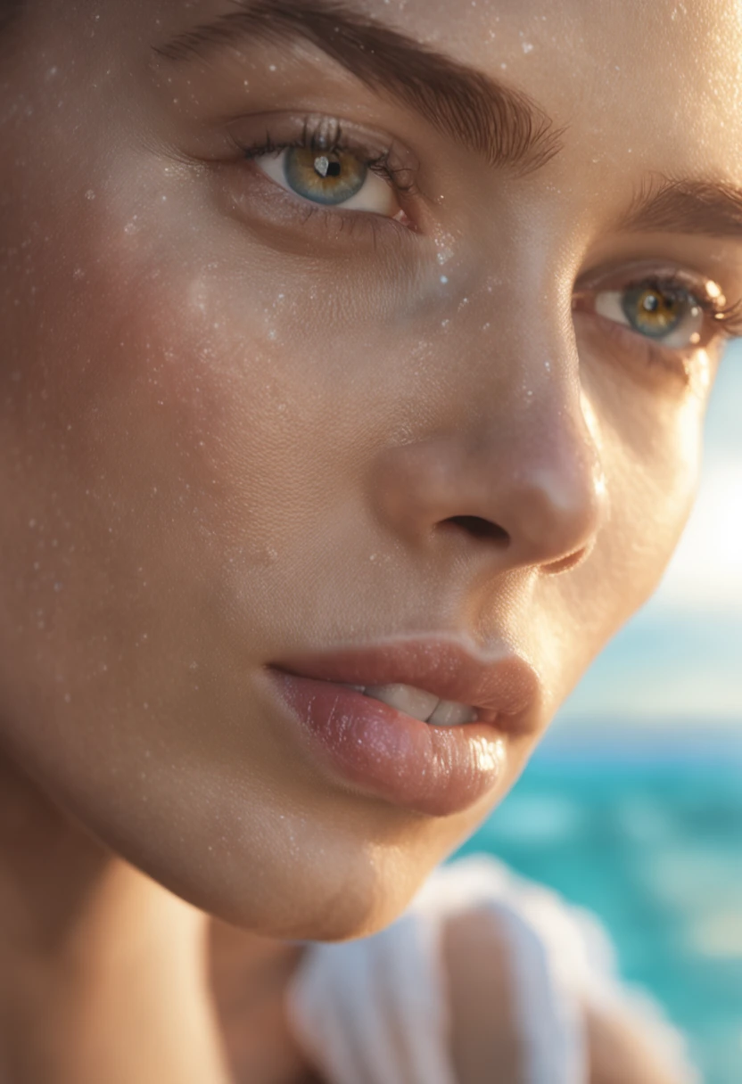 Before and after close-up of a woman with dreamy, delicate eyes, meticulous facial features scoring higher than 10 points, looking at the audience with serene, goddess-like happiness. The depth of field is perfect, and lens flare adds a nice touch. In the background, a breathtaking ocean with crystal-clear water and water droplets on the surface. One side of the photo shows her with a larger nose, and the other post-surgery with a perfected nose. Precise iris depiction, upper body included, yellow starfish, white shells, "Daughter of the Sea." Photo-realistic, incredible quality, print ready.