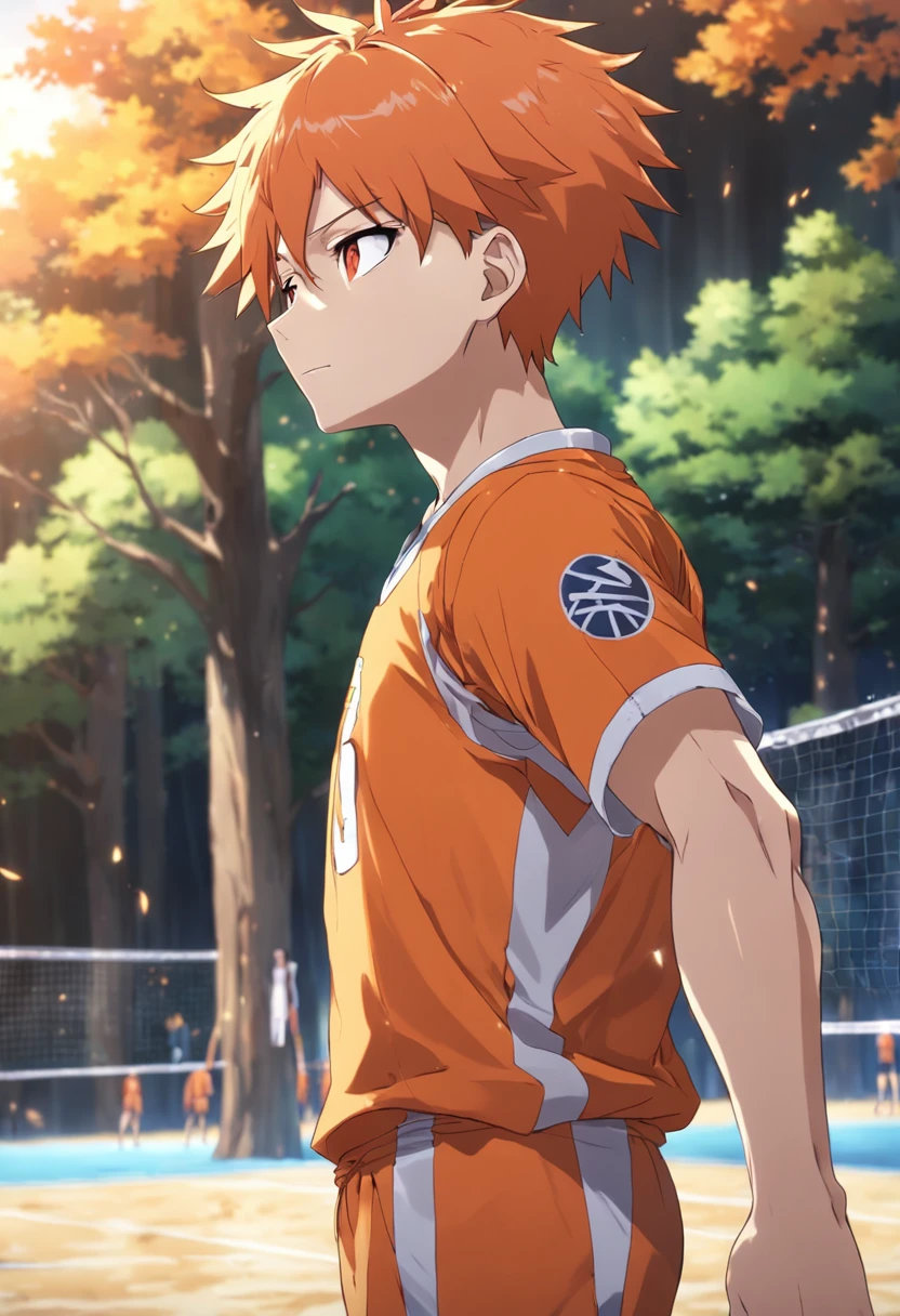 high res, masterpiece, Shouyou Hinata , orange hair, solo, 1boy, male, volleyball court, outside,blue sky, woods, , detailed eyes,