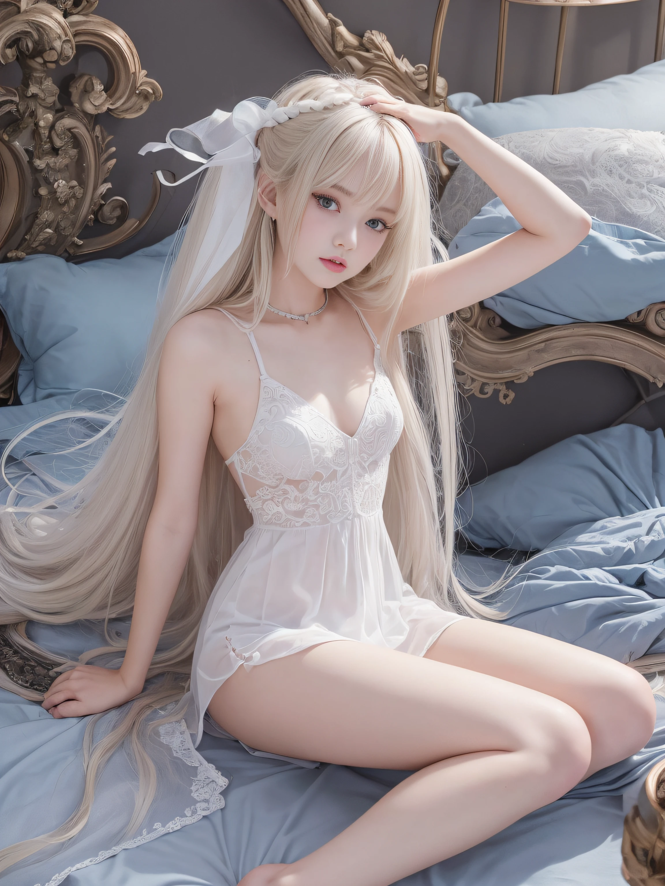bright expression、photorealisim、top-quality、超A high resolution、a picture、Photo of an exquisitely beautiful Nordic-born girl、Extraordinary beautiful girl、Detailed cute and beautiful face、(pureerosface_v1:0.008)、Beautiful bangs、alice in the wonderland、sixteen years old、Glowing white shiny skin、facial hairs、Bangs that extend to the face、Bangs between the eyes、Super long hair、Attractive bright natural platinum blonde super long straight silky hair、finer hair、High-definition eyes、Beautiful, Bright and clear, Big light blue eyes shine charmingly、Have a condom、Sitting in bed、eye liner、Double eyelids、Bad bust、going to bed、laying on back、sprawl、lie on one's side、at your feet、Thigh clavicle、Shoulder、at your feet、poor body、flat chest、Upper arm、Bedrooms、Show the armpits、wedding dress