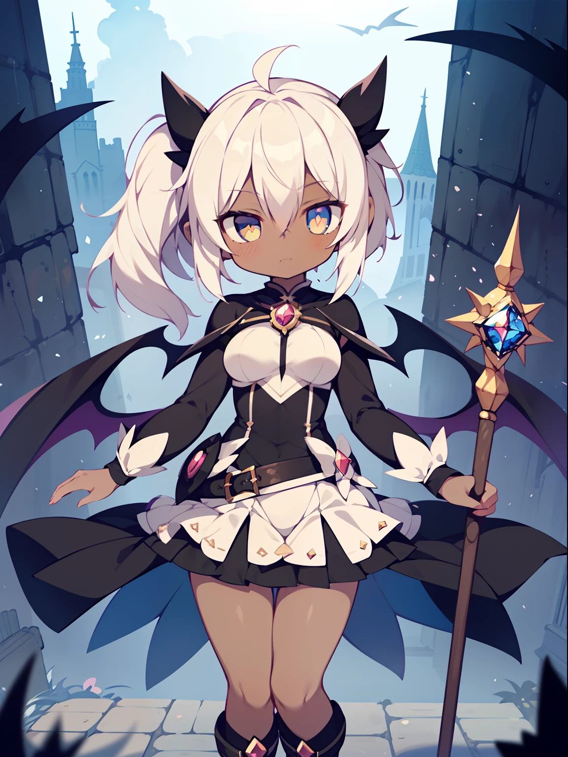 1girl in, Solo, masutepiece, nffsw、Shaders、Brilliant Textured Work、(magical little girl:1.3)、(Dark skin:1.5)、(Evil Fall:1.4)、White hair、Long Side Ponytail、(Black magical girl suit:1.3)、(Thin miniskirt:1.3)、pillory、large full breasts、Looking here、sharp eye、(Empty eyes:1.3)、(lack of whites of the eyes:1.2)、grinning evily、thin-waist、Skinny Legs、hiquality、Flabby socks、Black boots、Standing picture、