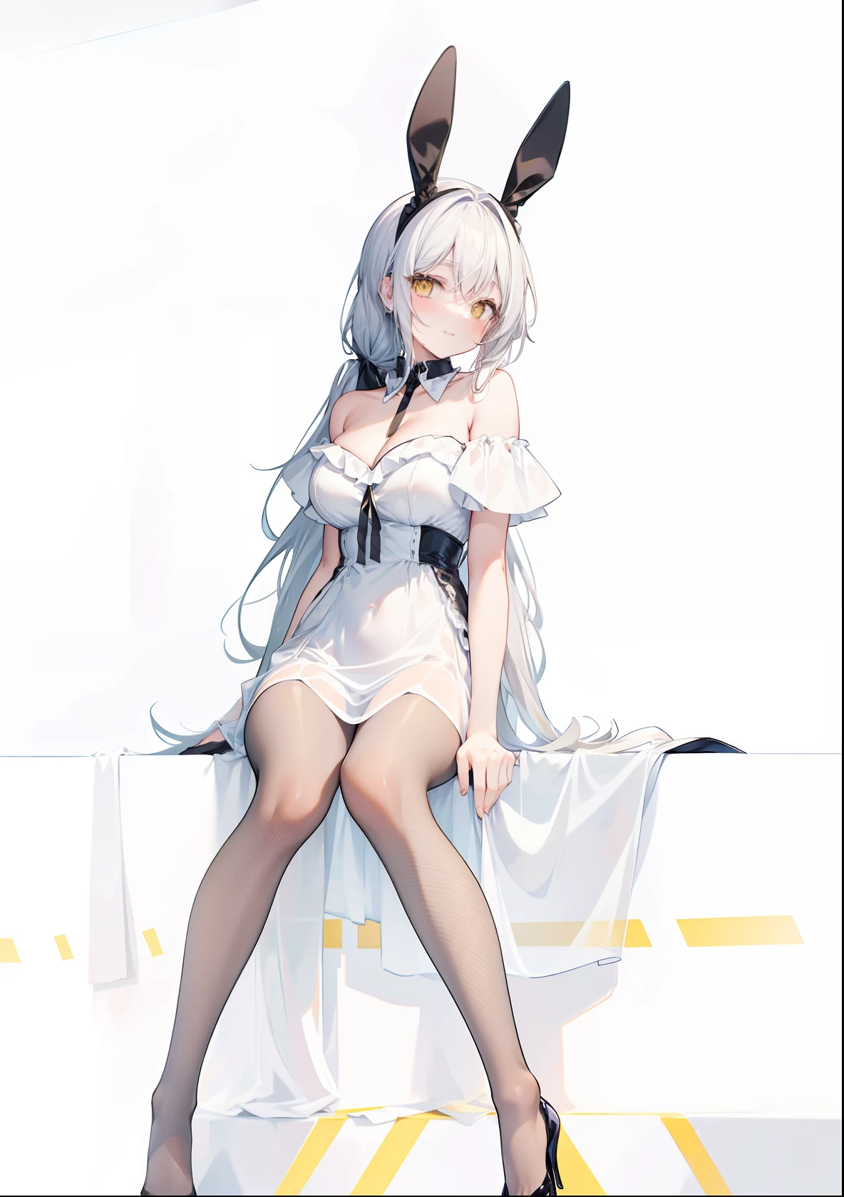 masterpiece,best quality,playboy bunny,Master works, beautiful girl, black hair, long ponytail, black dress, black pantyhose, middle chest, cleavage, yellow eyes, smile, beautiful girl, long white hair, half-tied hair, blue dress, middle chest, expressionless face, collar, back-to-back