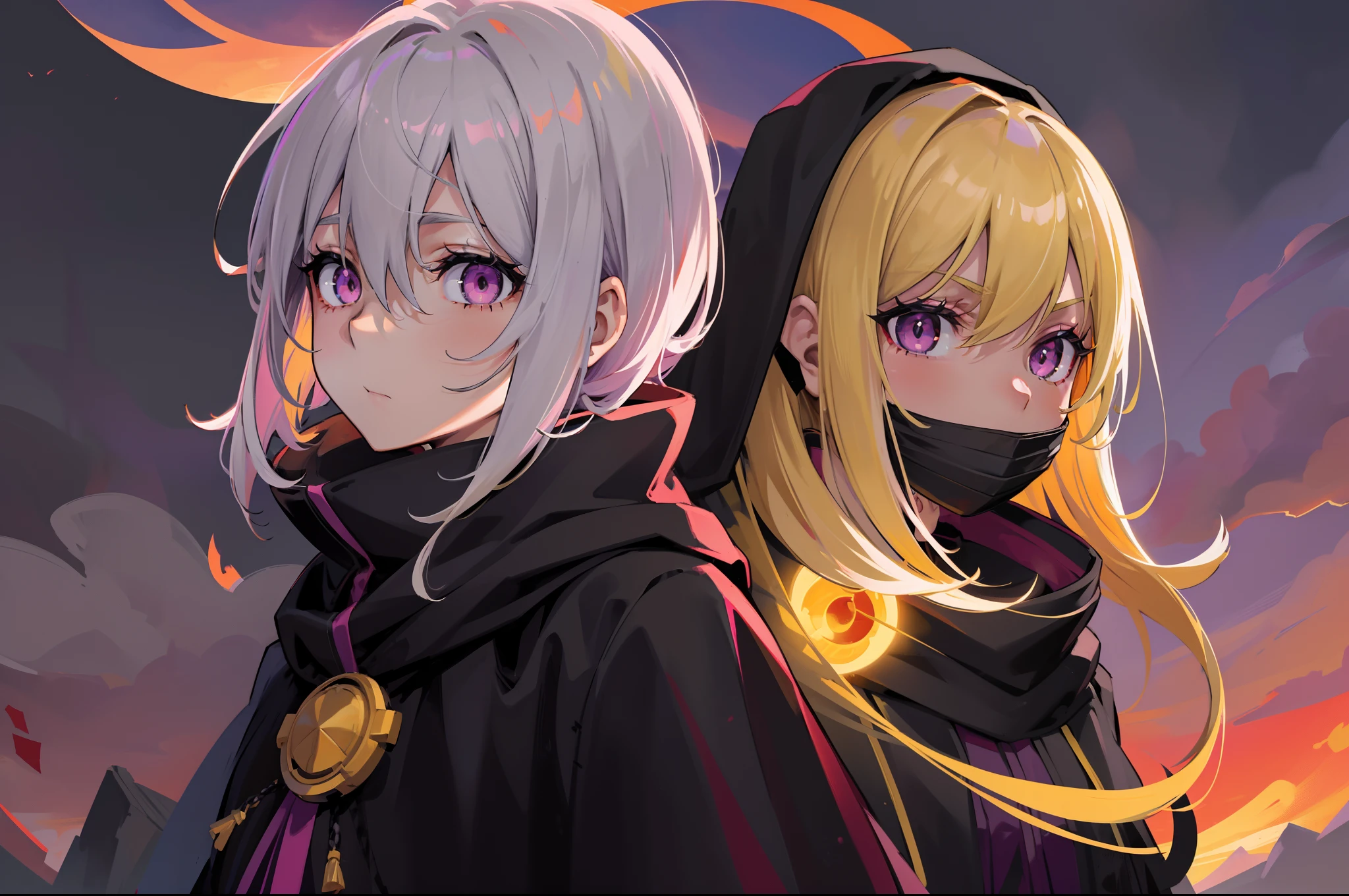 a beauty girl，Short gray-yellow hair，a black cloak，A beak mask hangs from his head，Plain black clothing，Purple pupils，Red sky，Look into the distance，Good-looking lighting effects，Light intensification，Pink sun，Close-up of the sun，morningglow