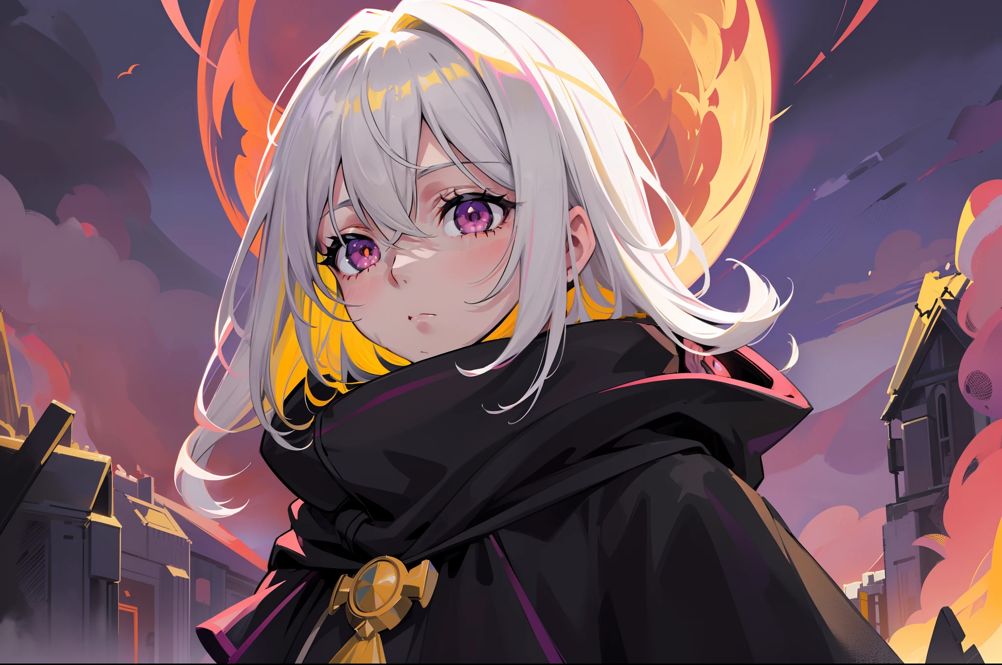 a beauty girl,Short gray-yellow hair,a black cloak,A beak mask hangs from his head,Plain black clothing,Purple pupils,Red sky,Look into the distance,Good-looking lighting effects,Light intensification,Pink sun,Close-up of the sun,morningglow