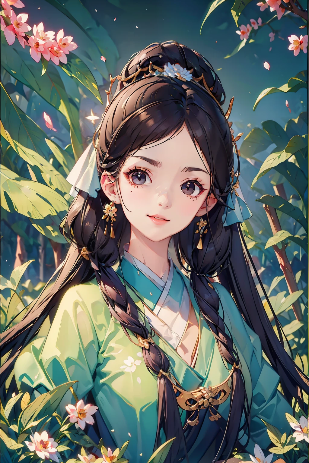 Kizi, Ink fairy, delicated, Light brown eyes, cabelos preto e longos, High ponytail, pigtails, Wings, Extreme light and shadow, Hanfu, palaces, Light, 8k wallpaper, Master painting, petals, lakes, bow and arrows, grin, Black eyes, swing, Perfect quality, Clear focus（Clutter - home：0.8）, （tmasterpiece：1.2） （realisticlying：1.2） （Bokeh） （best qualtiy） （detailedskin：1.3） （complexdetails） （8K） （detailedeyes） （Sharp focus）, （having fun）, Chiaroscuro, Cinematic lighting, Sony FE GM