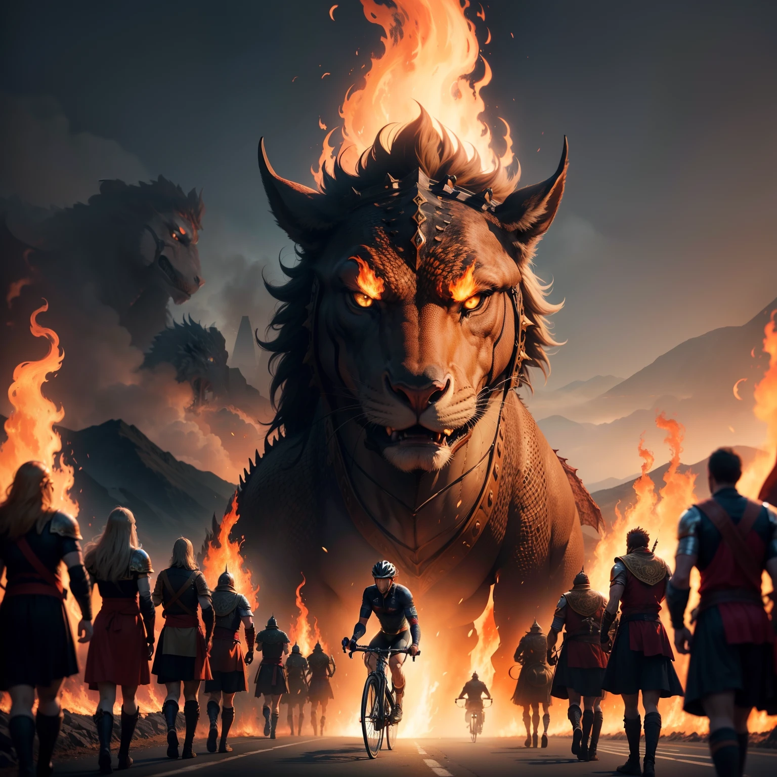 Create an image of a cyclist alongside warriors passing by a road full of fire and with dragons, should have an epic landscape.